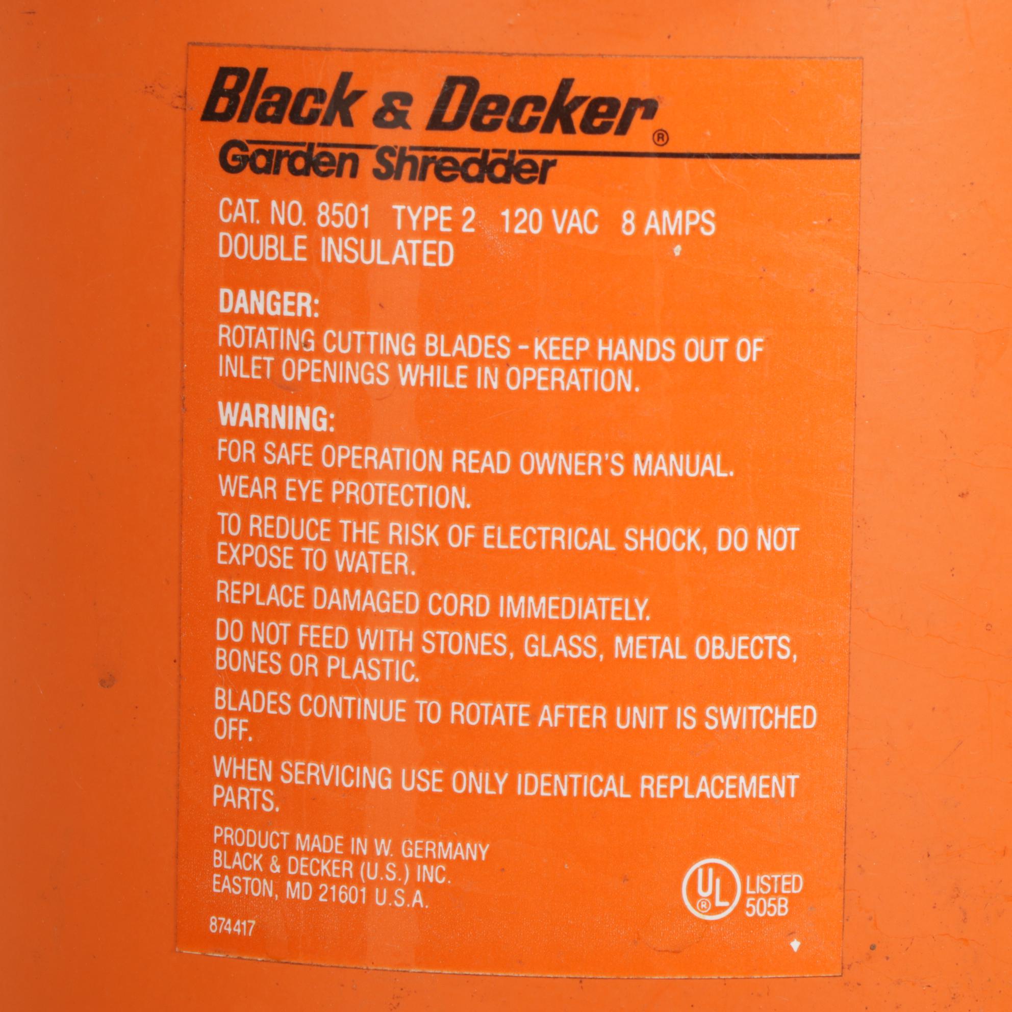 Black & Decker Model 8501 Electric Garden Shredder