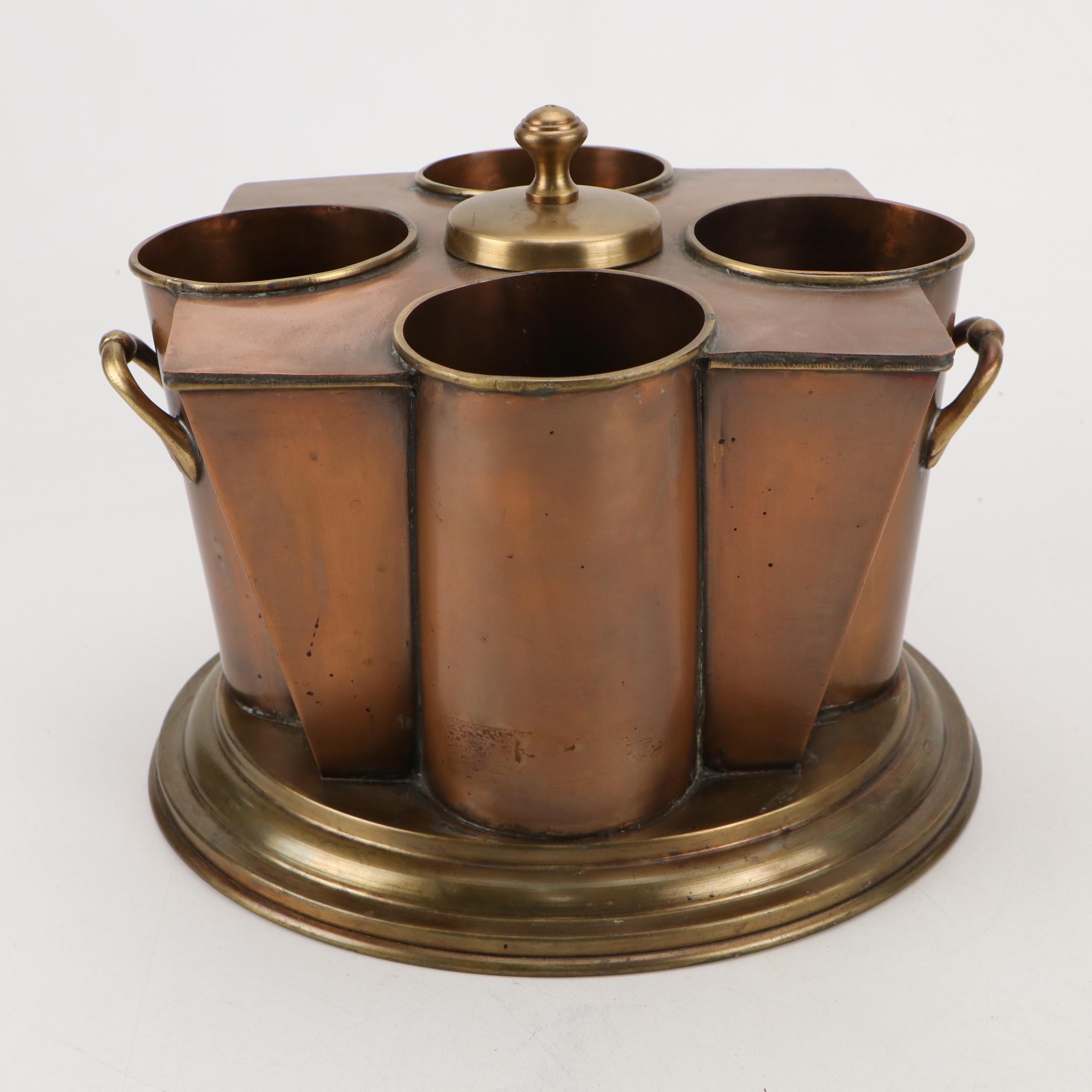 Georgian Style Brass and Copper Four Bottle Wine Chiller with Decoupage Decanter