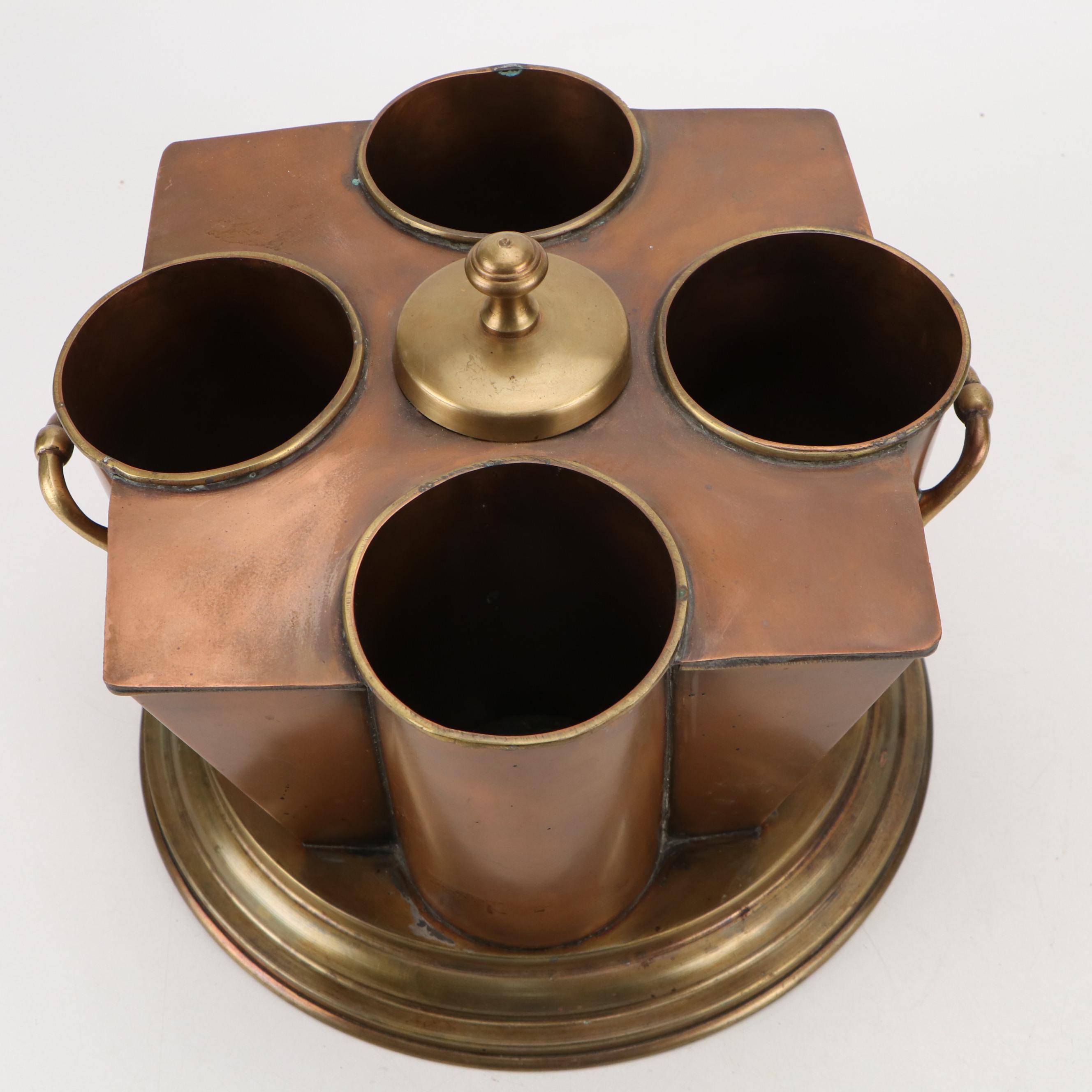 Georgian Style Brass and Copper Four Bottle Wine Chiller with Decoupage Decanter