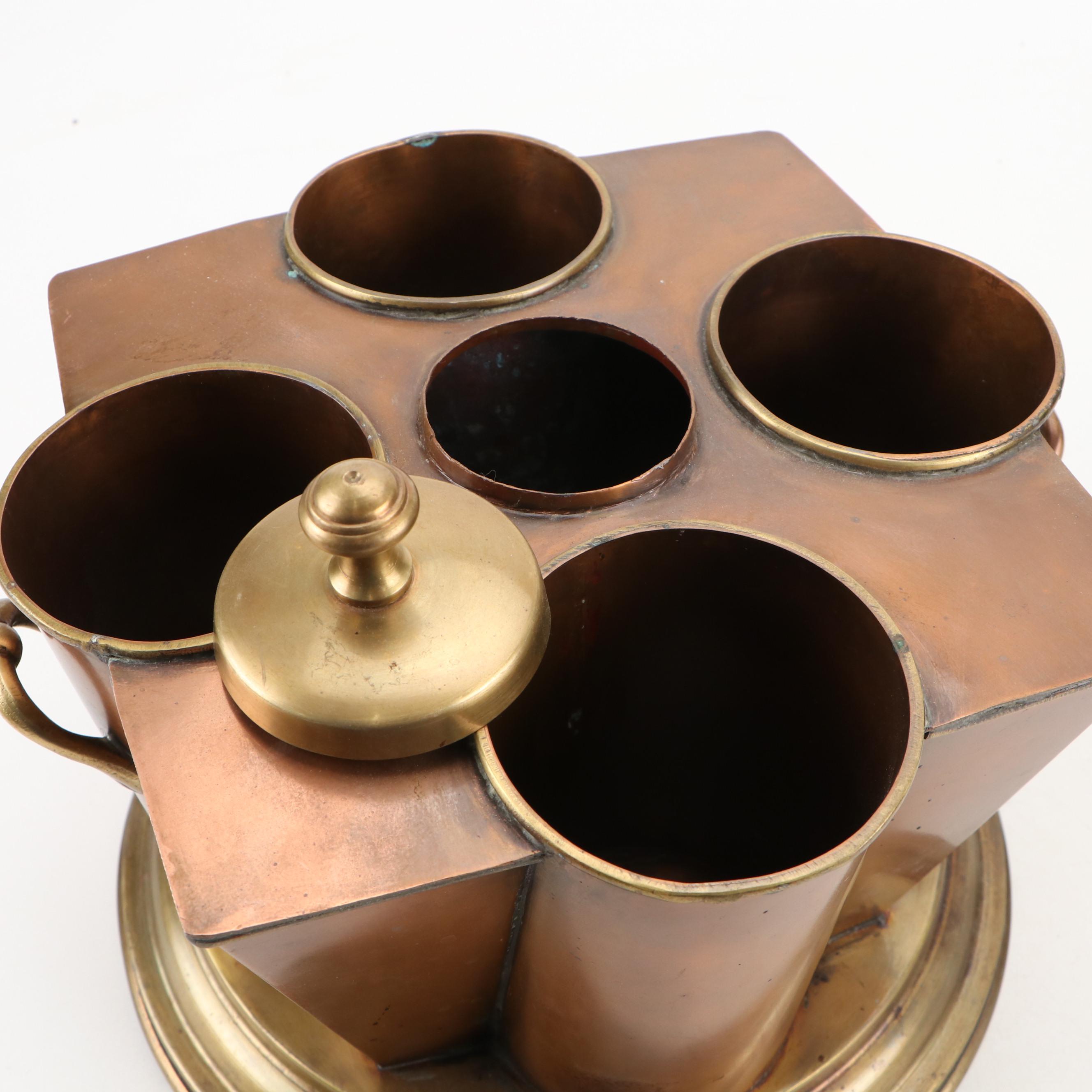 Georgian Style Brass and Copper Four Bottle Wine Chiller with Decoupage Decanter