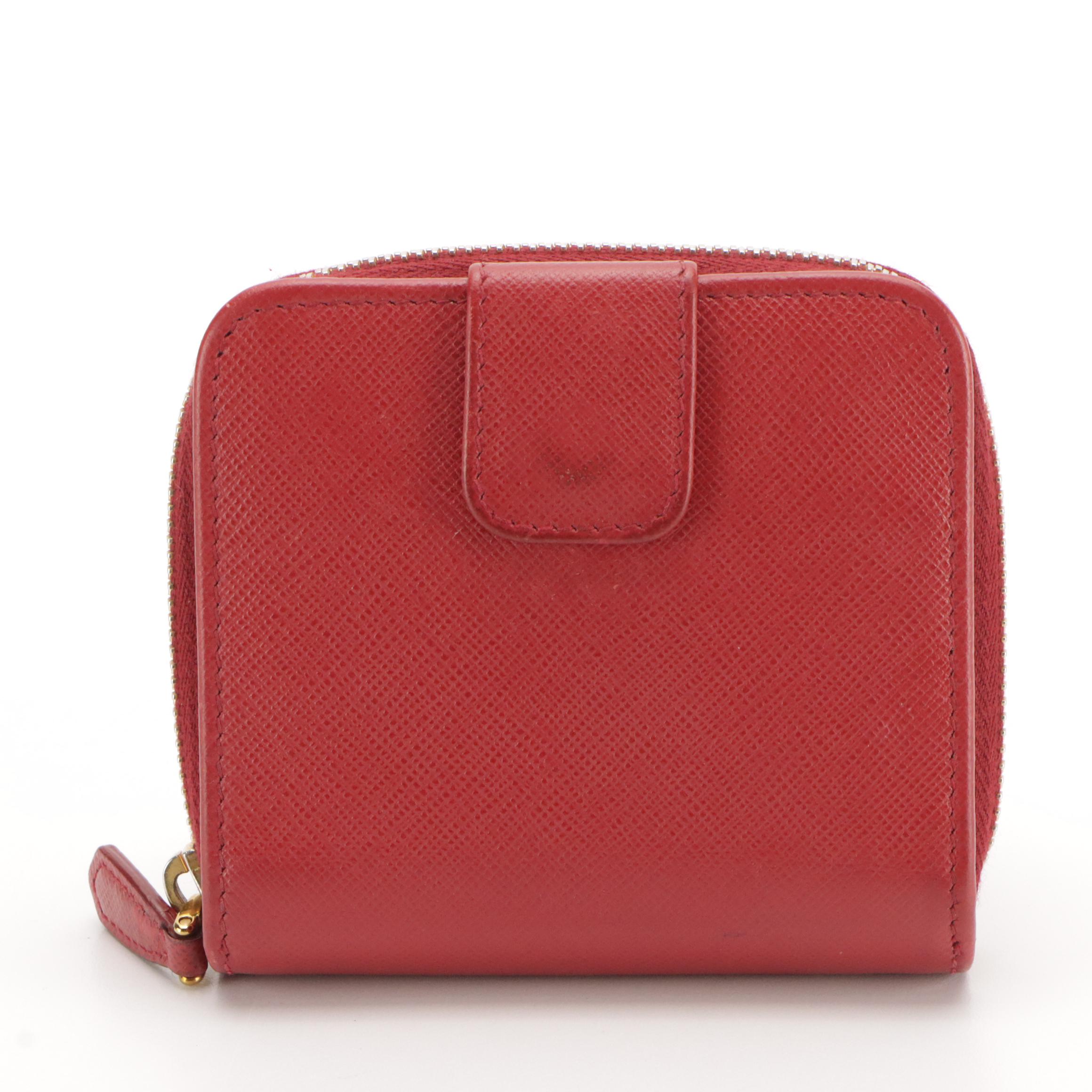 Prada Red Saffiano Leather Zip-Around Compact Wallet