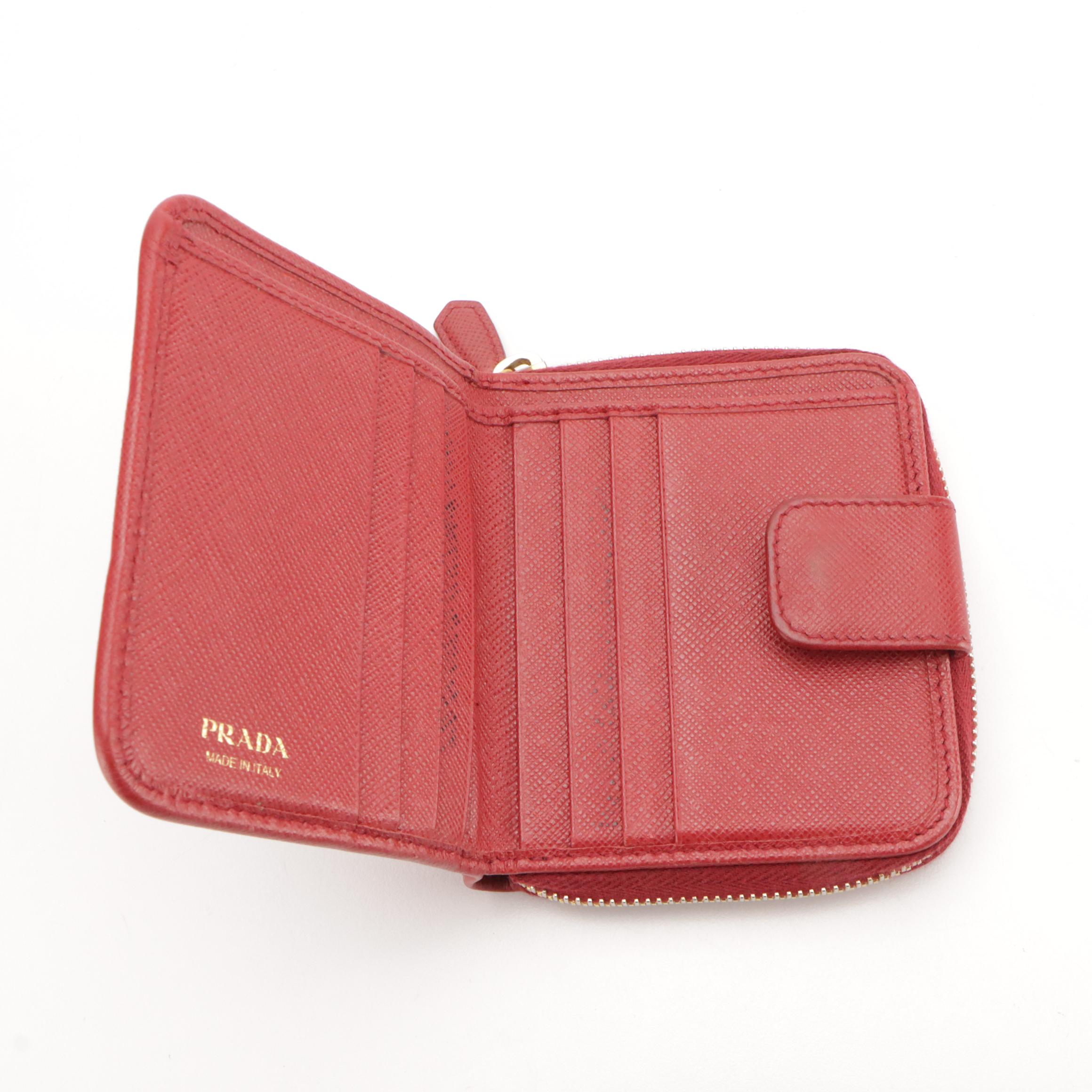 Prada Red Saffiano Leather Zip-Around Compact Wallet