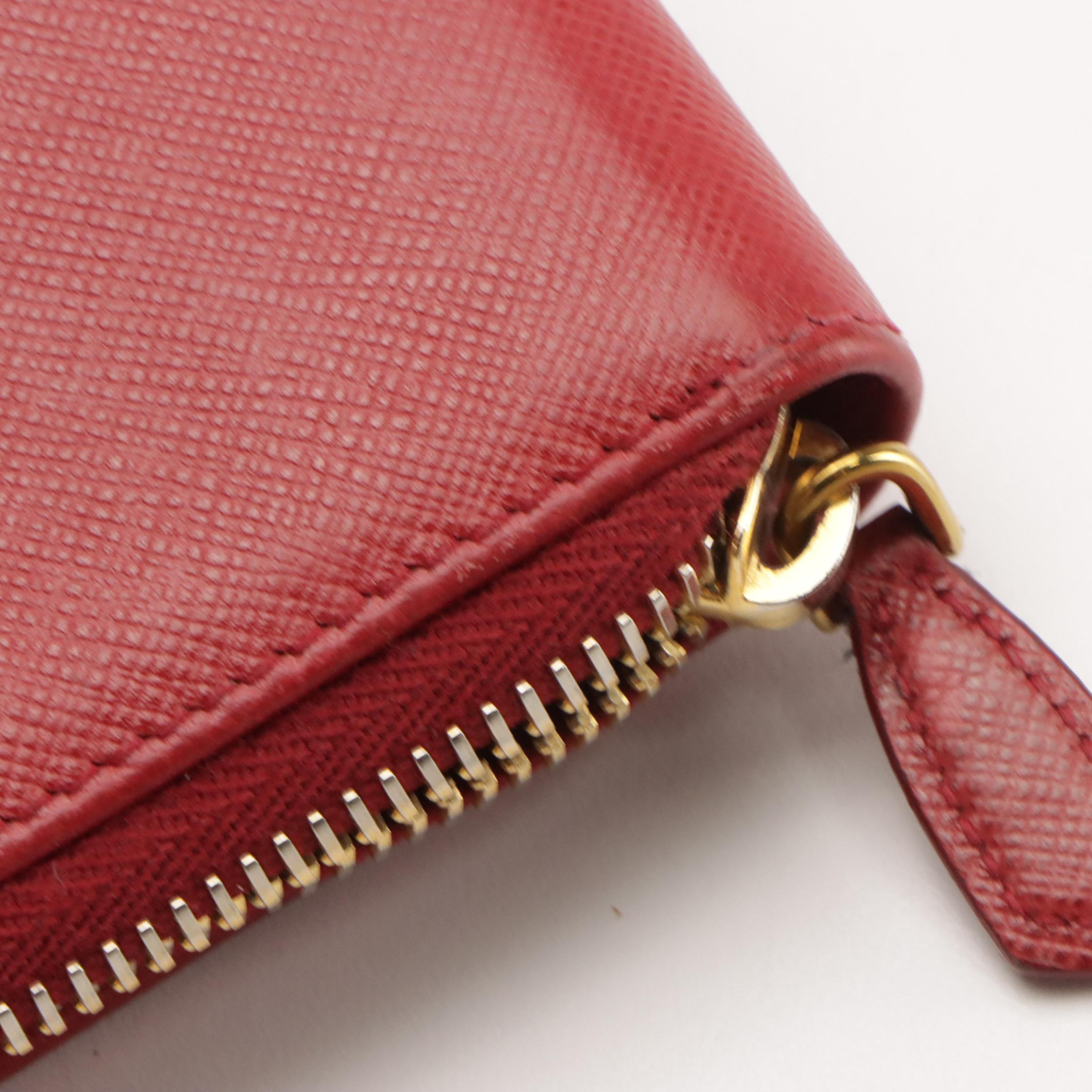 Prada Red Saffiano Leather Zip-Around Compact Wallet