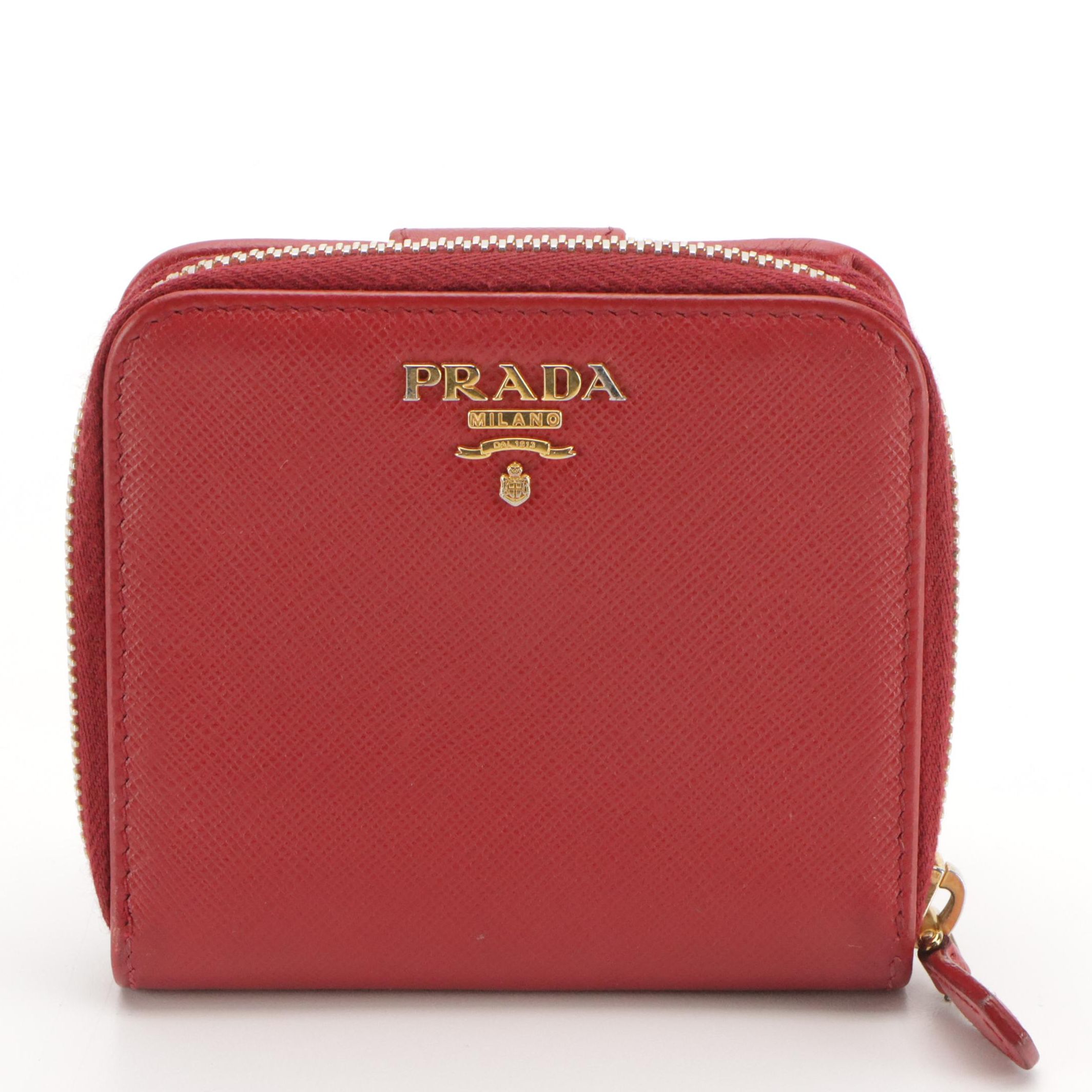 Prada Red Saffiano Leather Zip-Around Compact Wallet