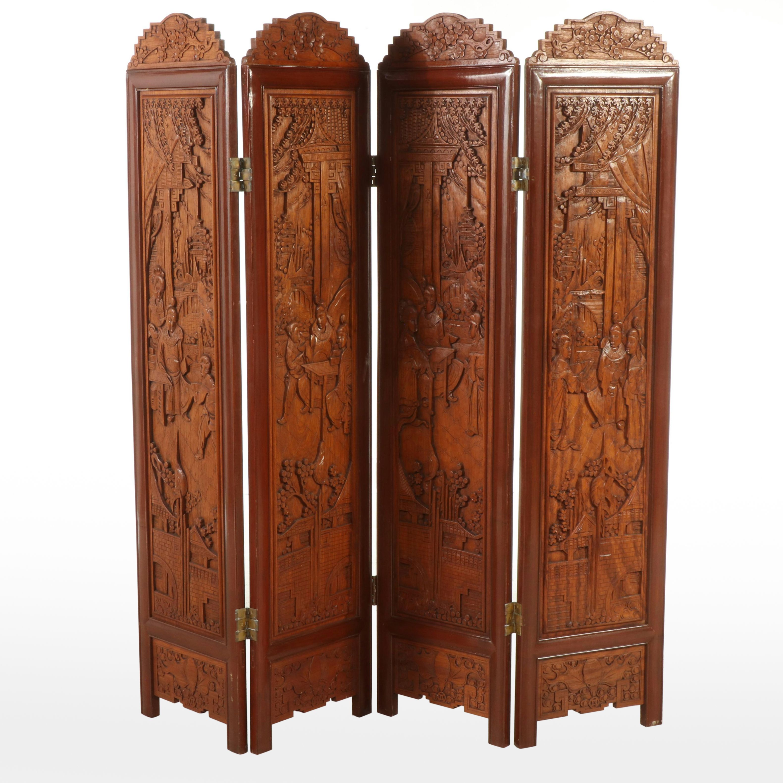 George Zee & Co. Chinese Carved Hardwood Four-Panel Screen