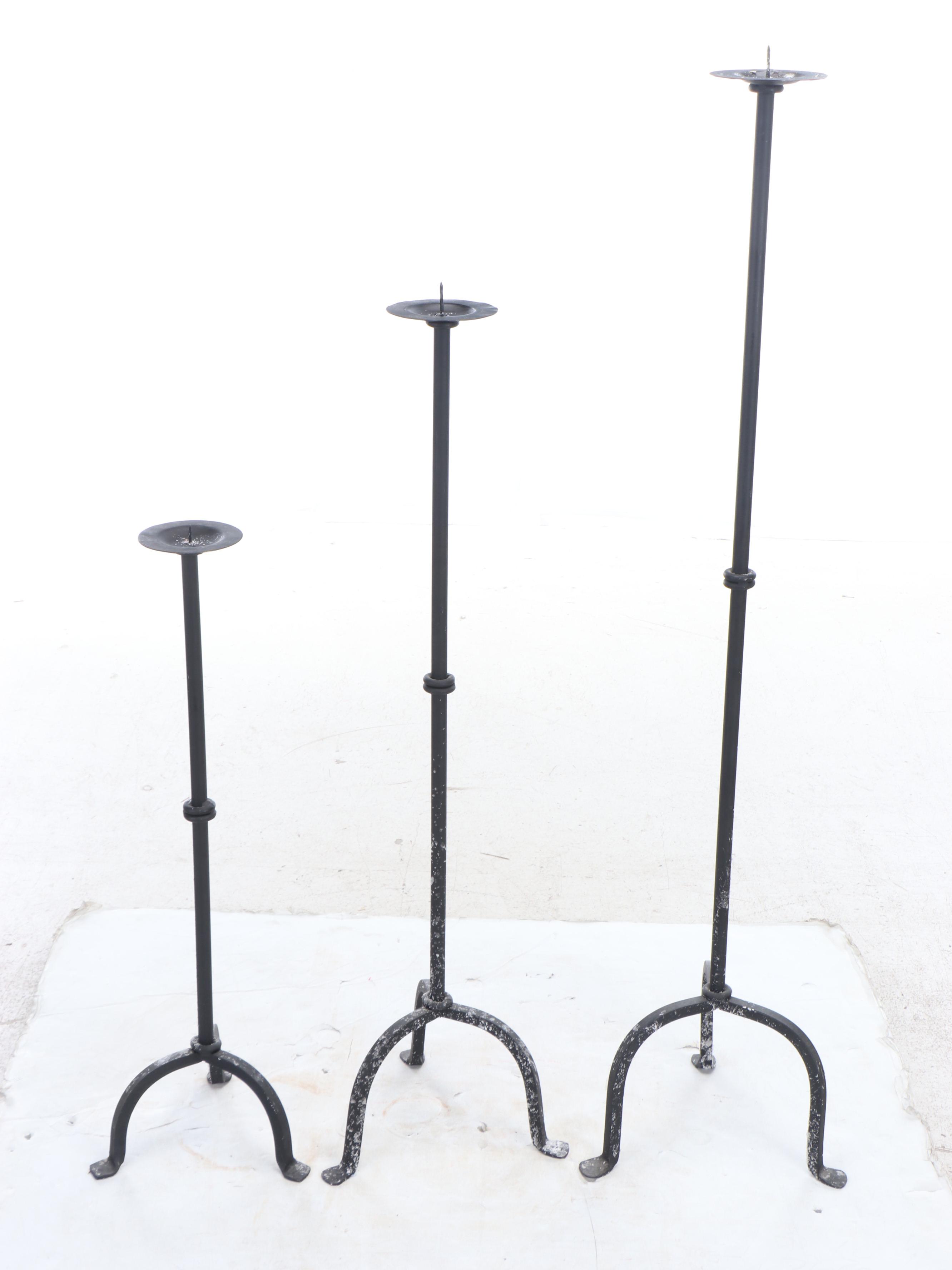 Three Cast Iron Floor Standing Candle Prickets