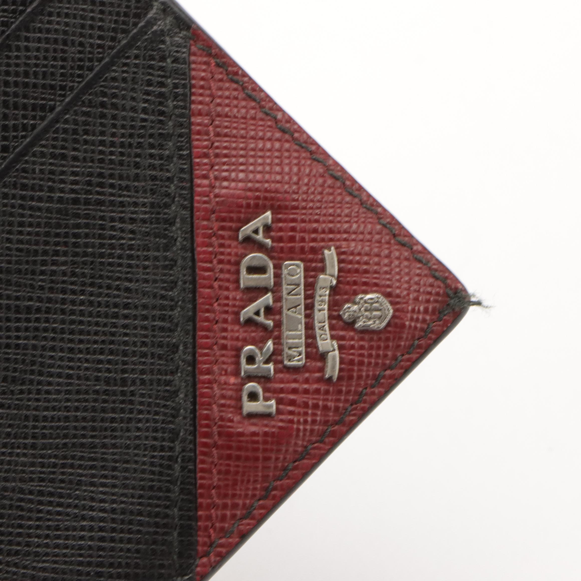 Prada Card Holder in Black Leather with Red Prada Logo Corner