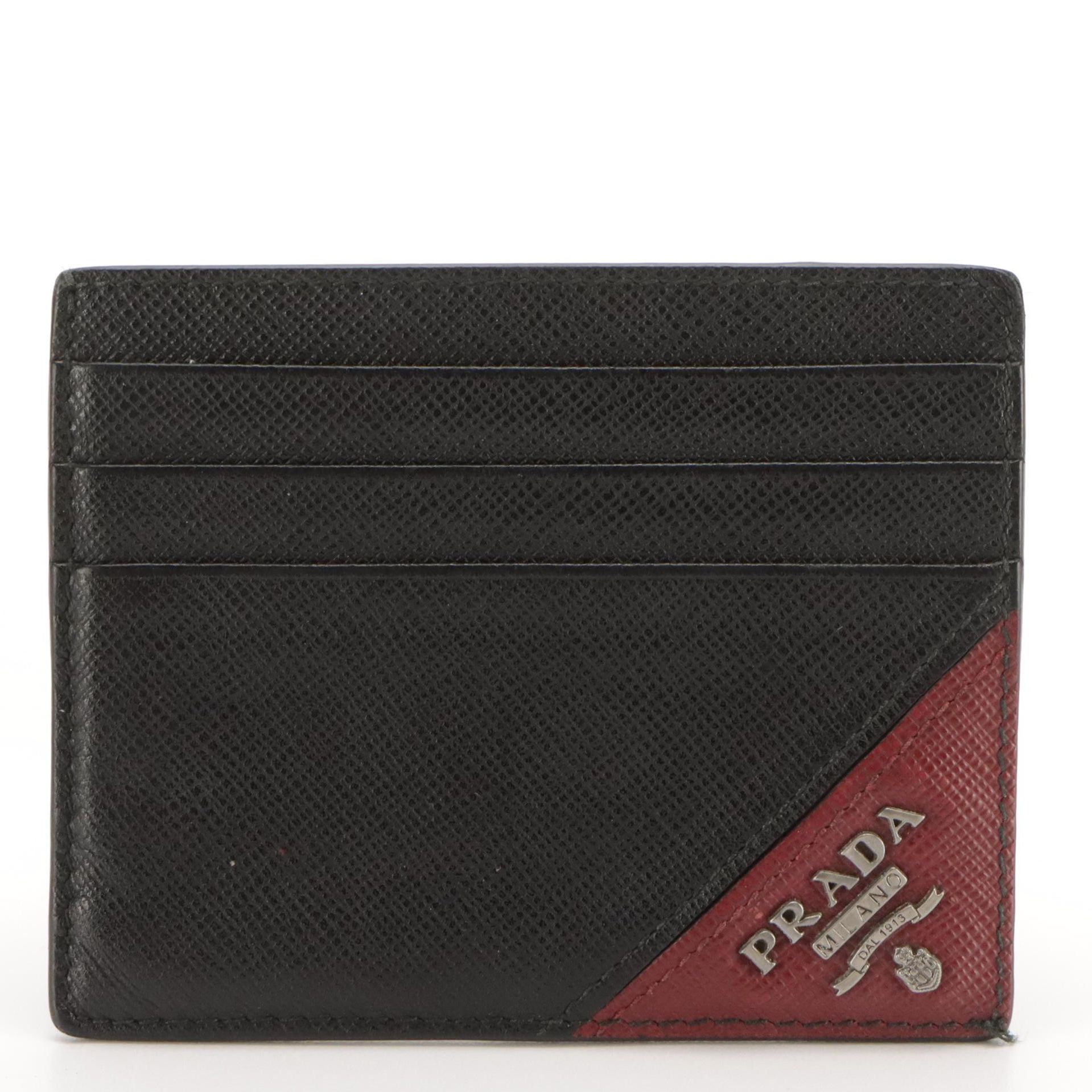 Prada Card Holder in Black Leather with Red Prada Logo Corner