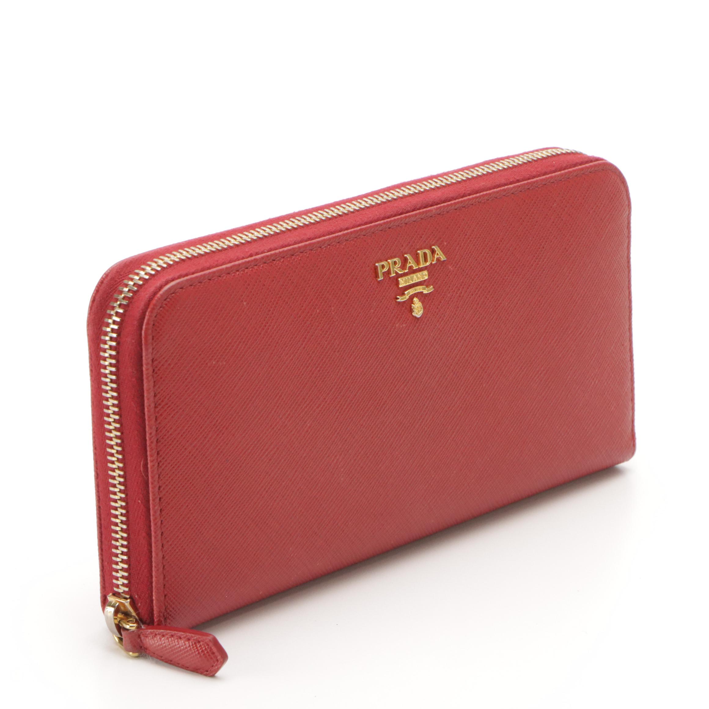 Prada Long Zip Around Wallet in Red Saffiano Leather with Box