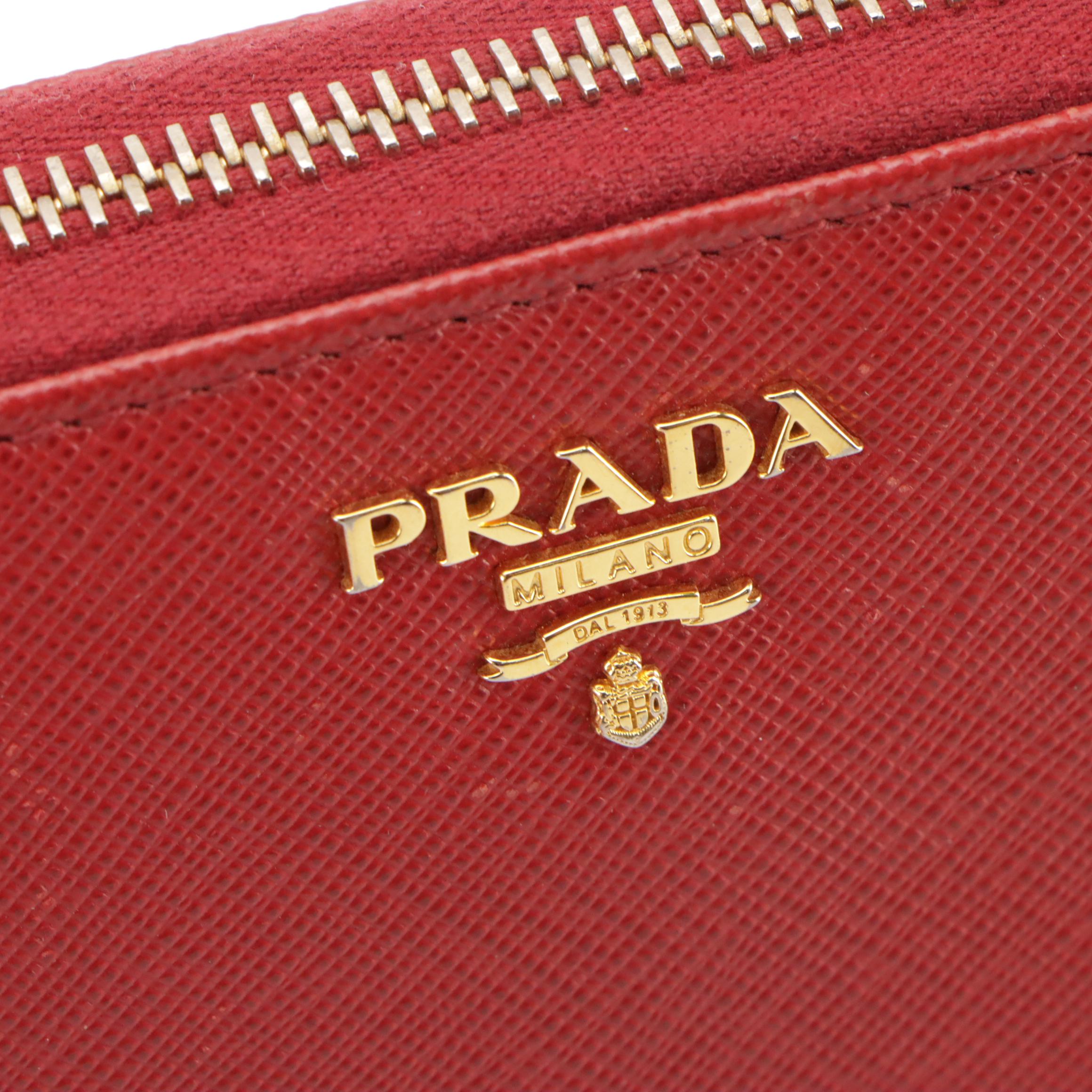 Prada Long Zip Around Wallet in Red Saffiano Leather with Box