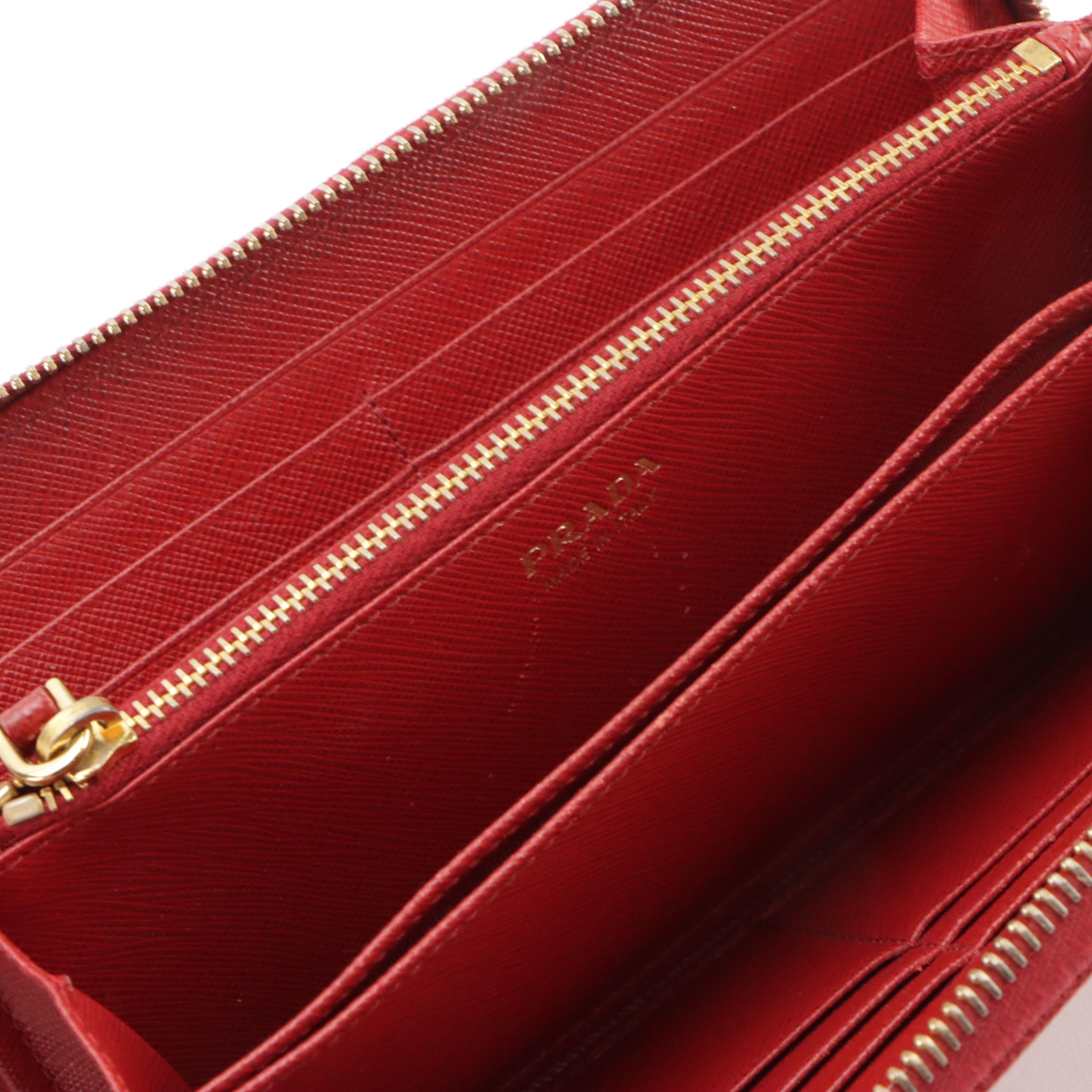 Prada Long Zip Around Wallet in Red Saffiano Leather with Box