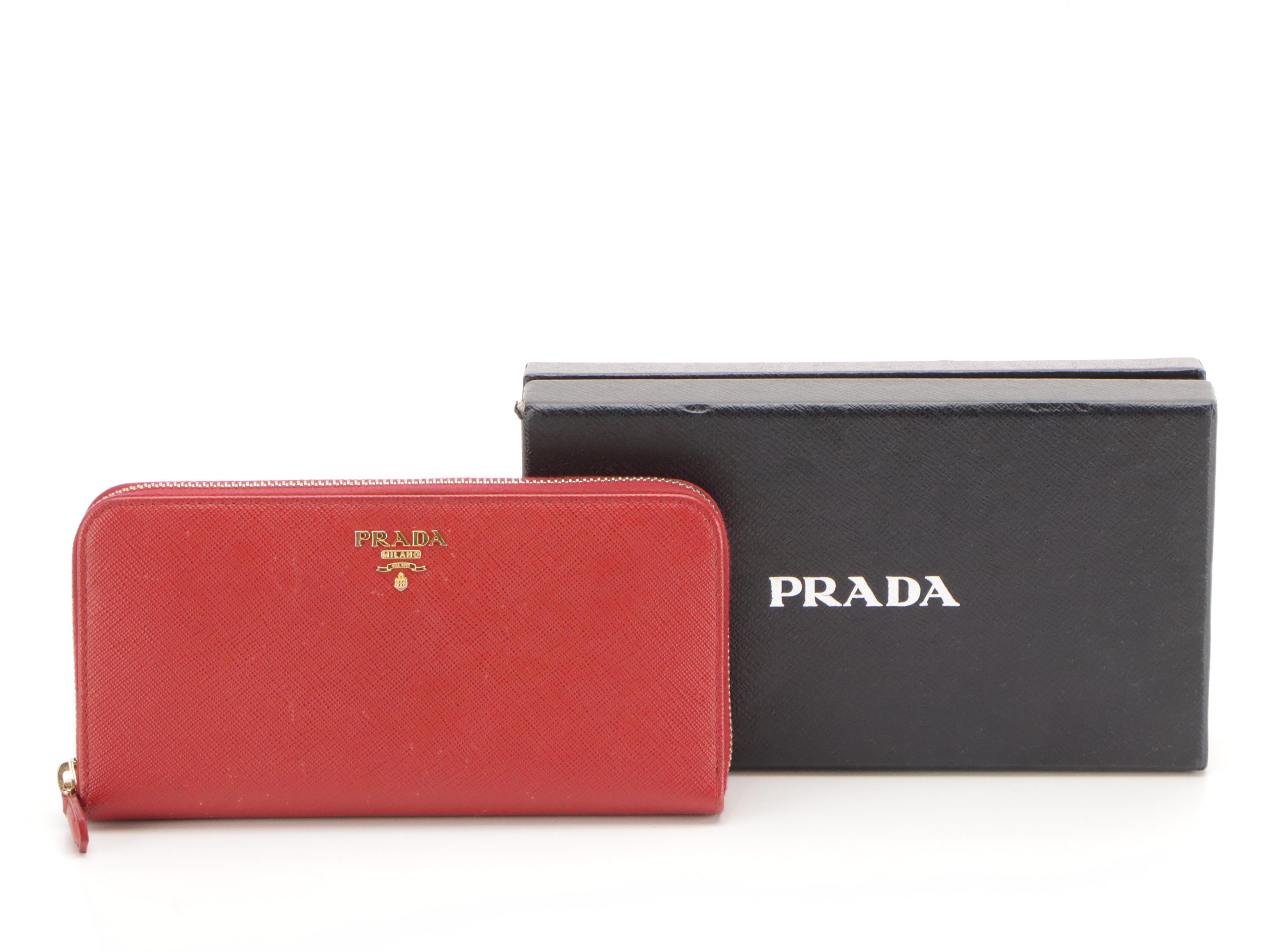 Prada Long Zip Around Wallet in Red Saffiano Leather with Box