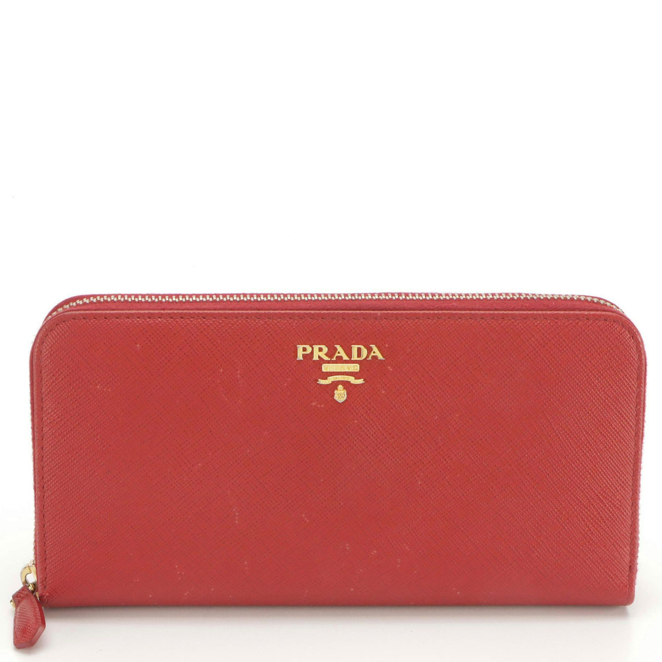 Prada Long Zip Around Wallet in Red Saffiano Leather with Box