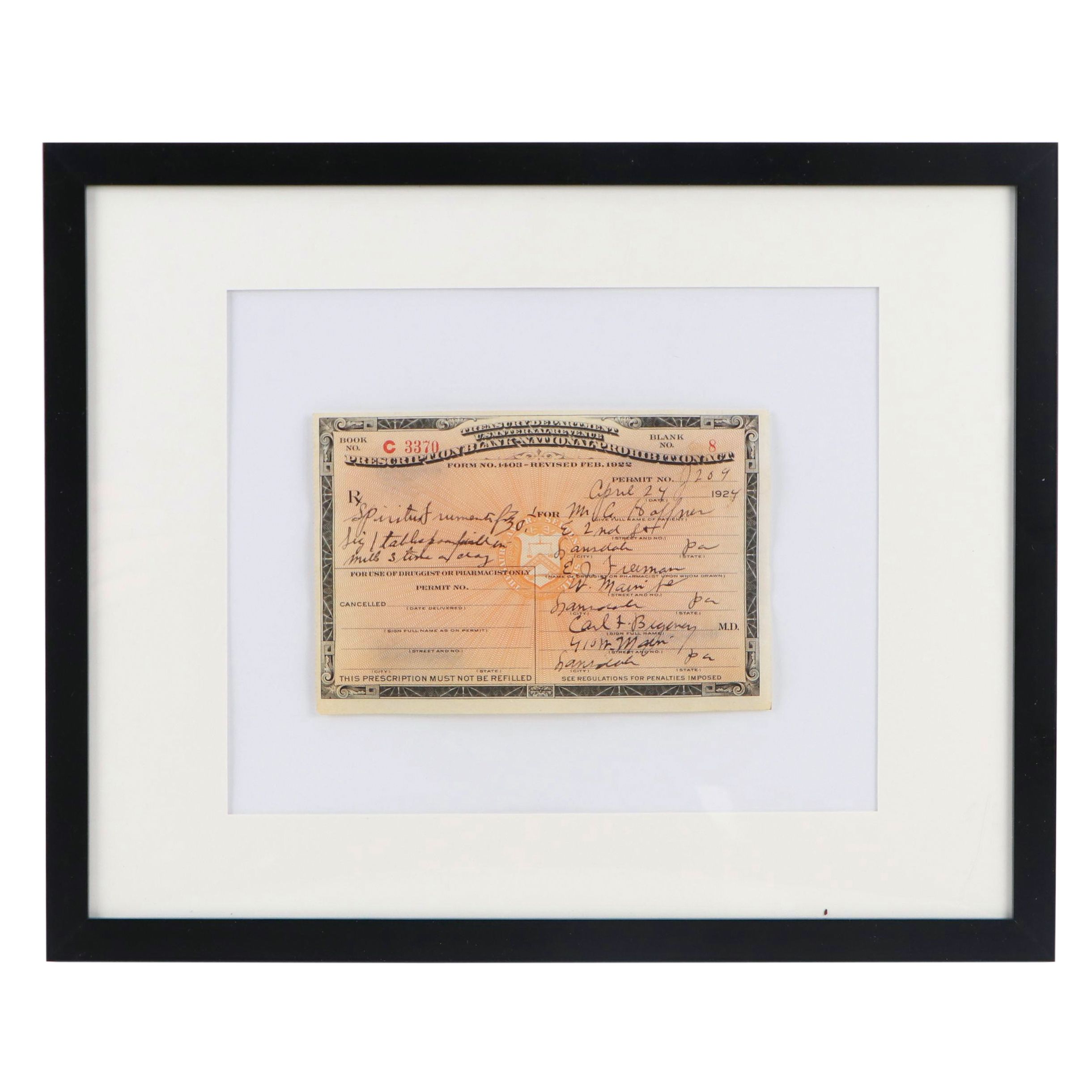 Prohibition Era Prescription Form, 1924