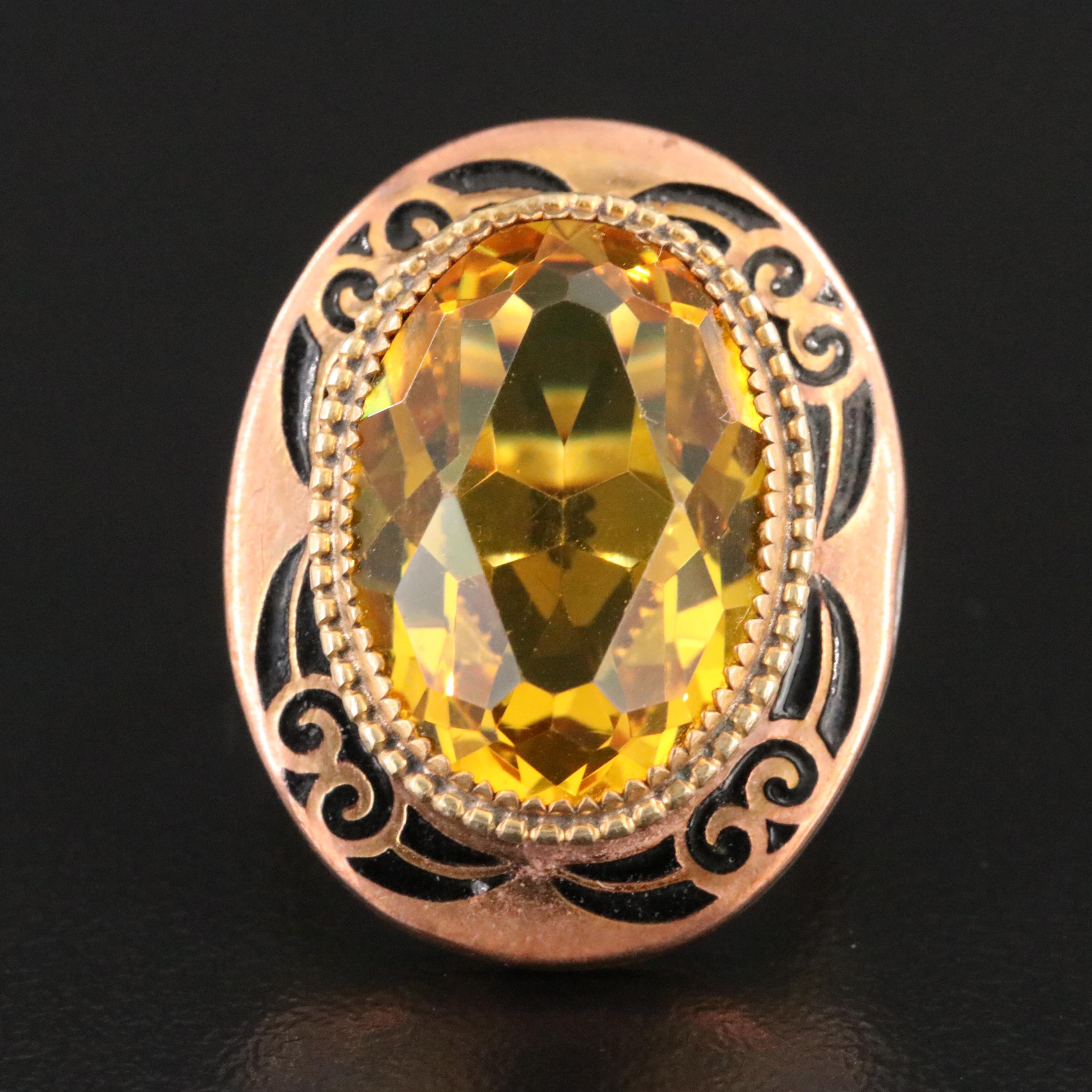 1930s Brass CZ and Enamel Ring