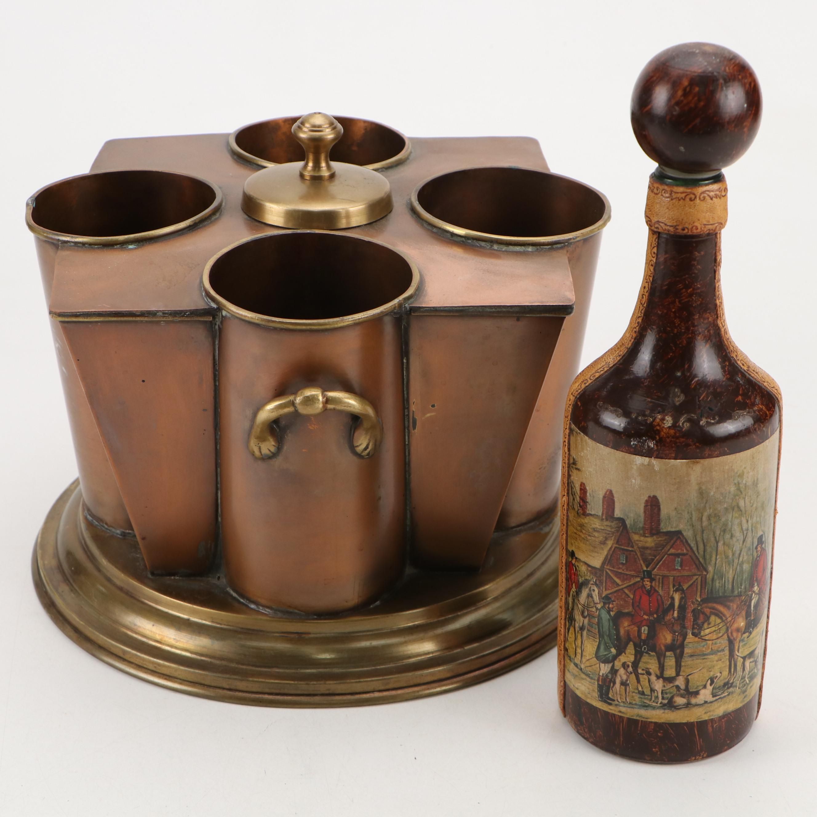 Georgian Style Brass and Copper Four Bottle Wine Chiller with Decoupage Decanter