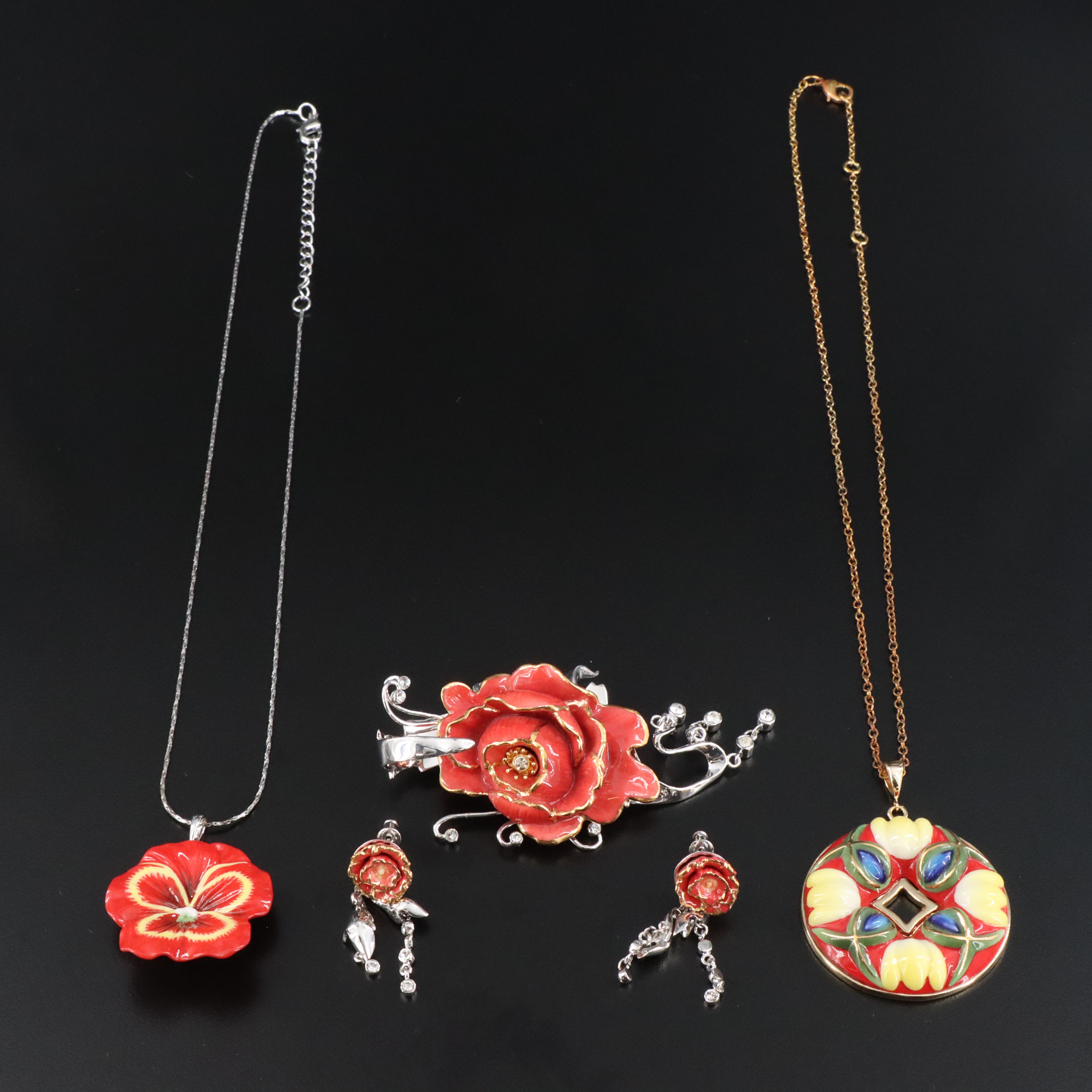 Franz Porcelain and Rhinestone Flower Jewelry Including Pansy and Peony