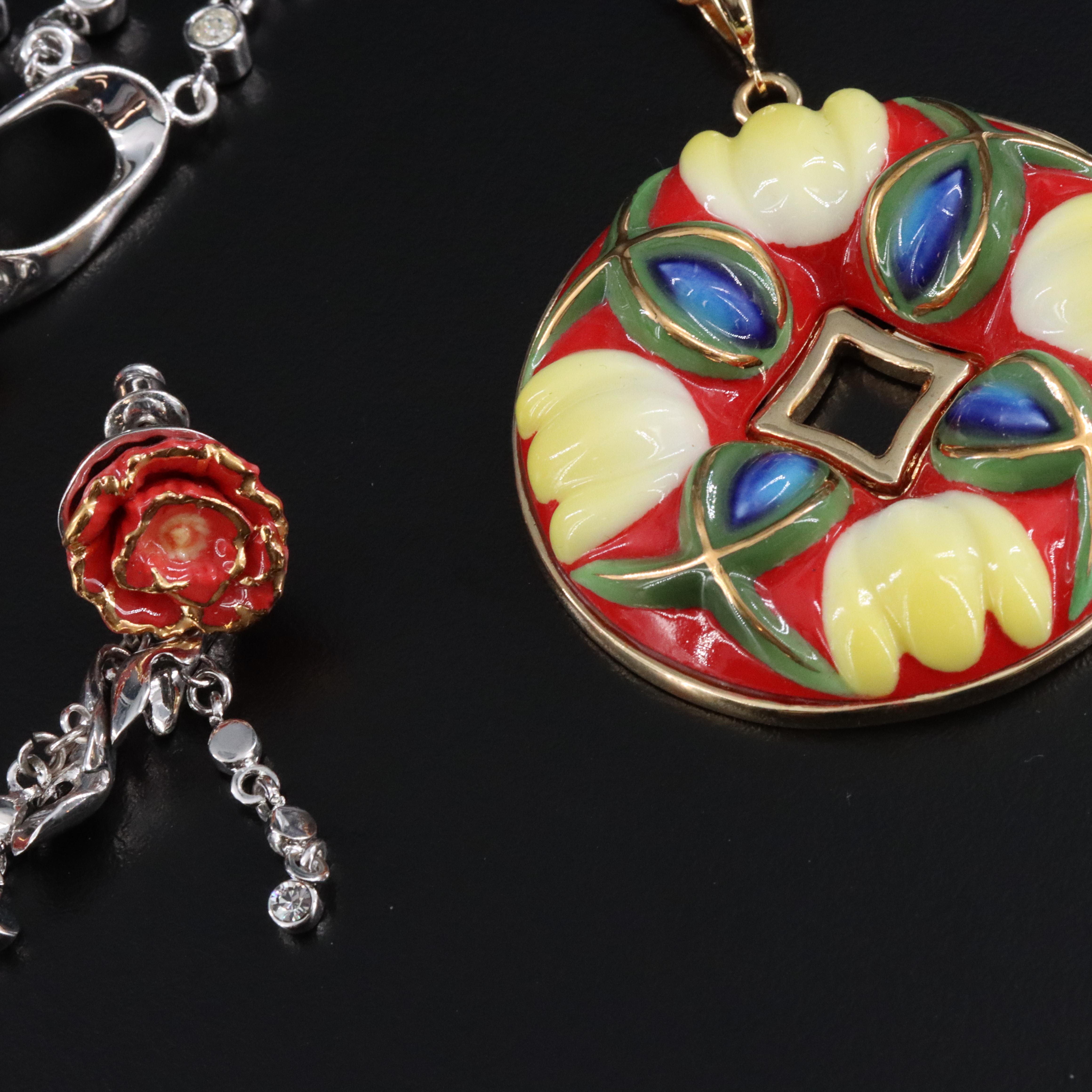 Franz Porcelain and Rhinestone Flower Jewelry Including Pansy and Peony