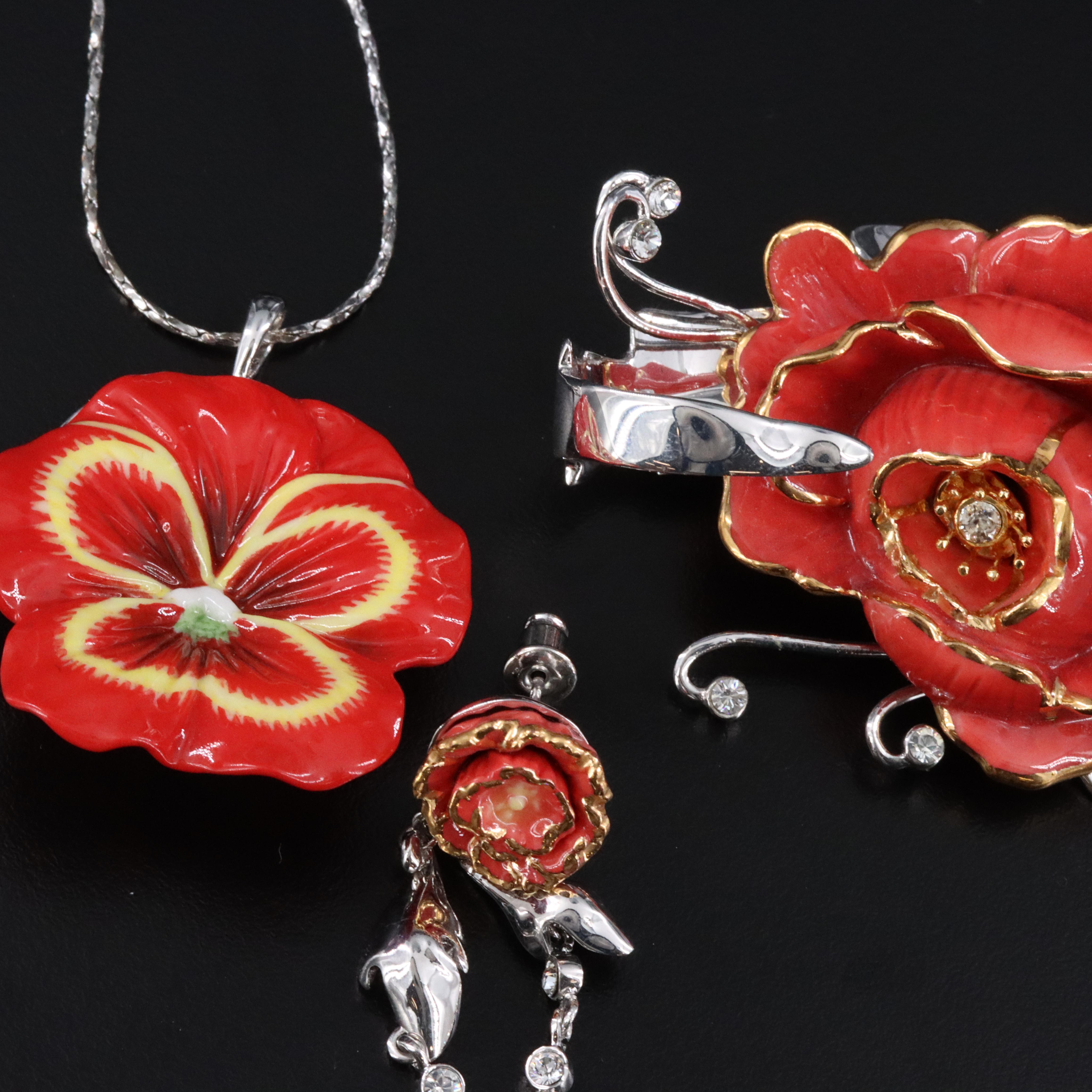 Franz Porcelain and Rhinestone Flower Jewelry Including Pansy and Peony