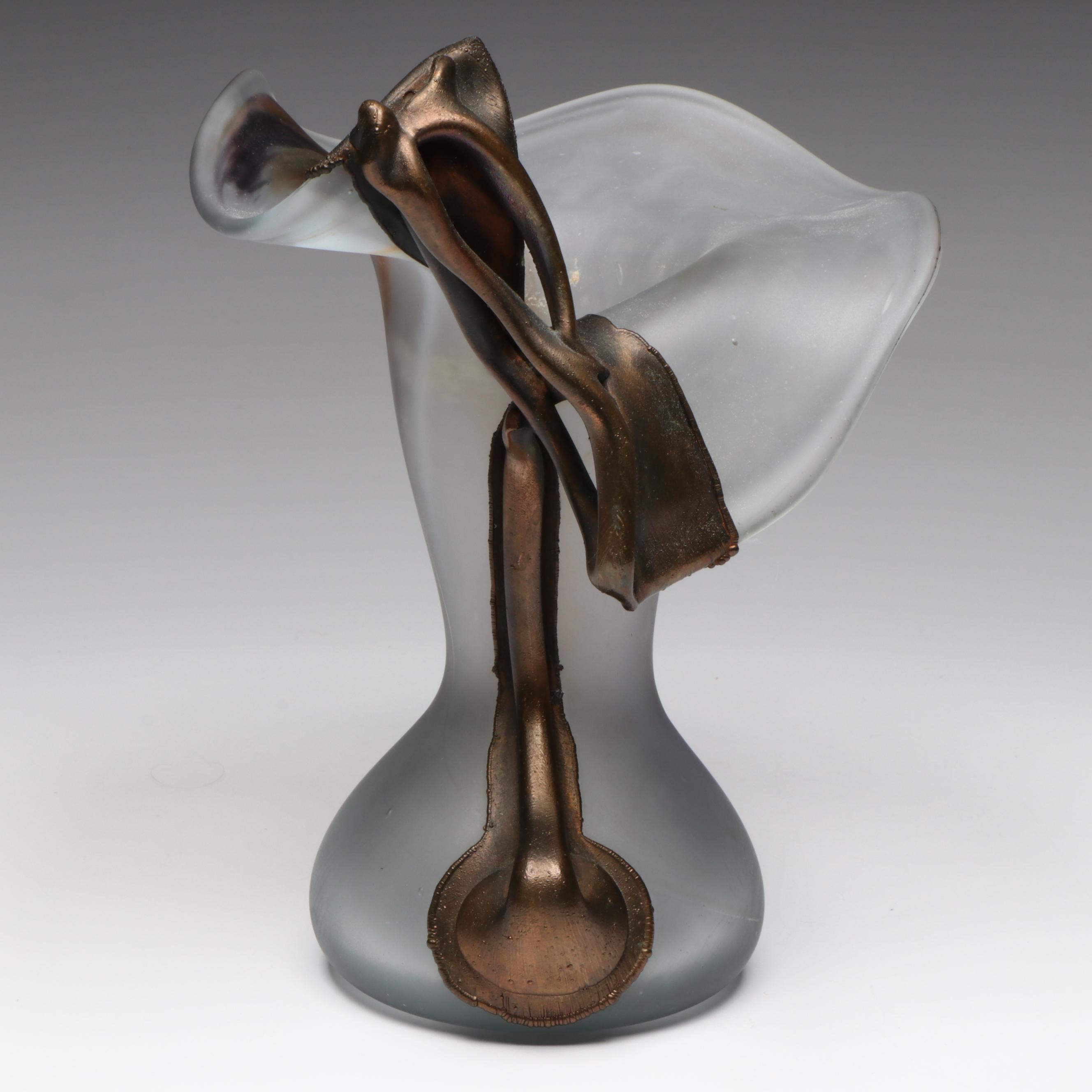 Romanian Flipi Ravert Style Blown Glass & Copper Colored Metal Accent Vase