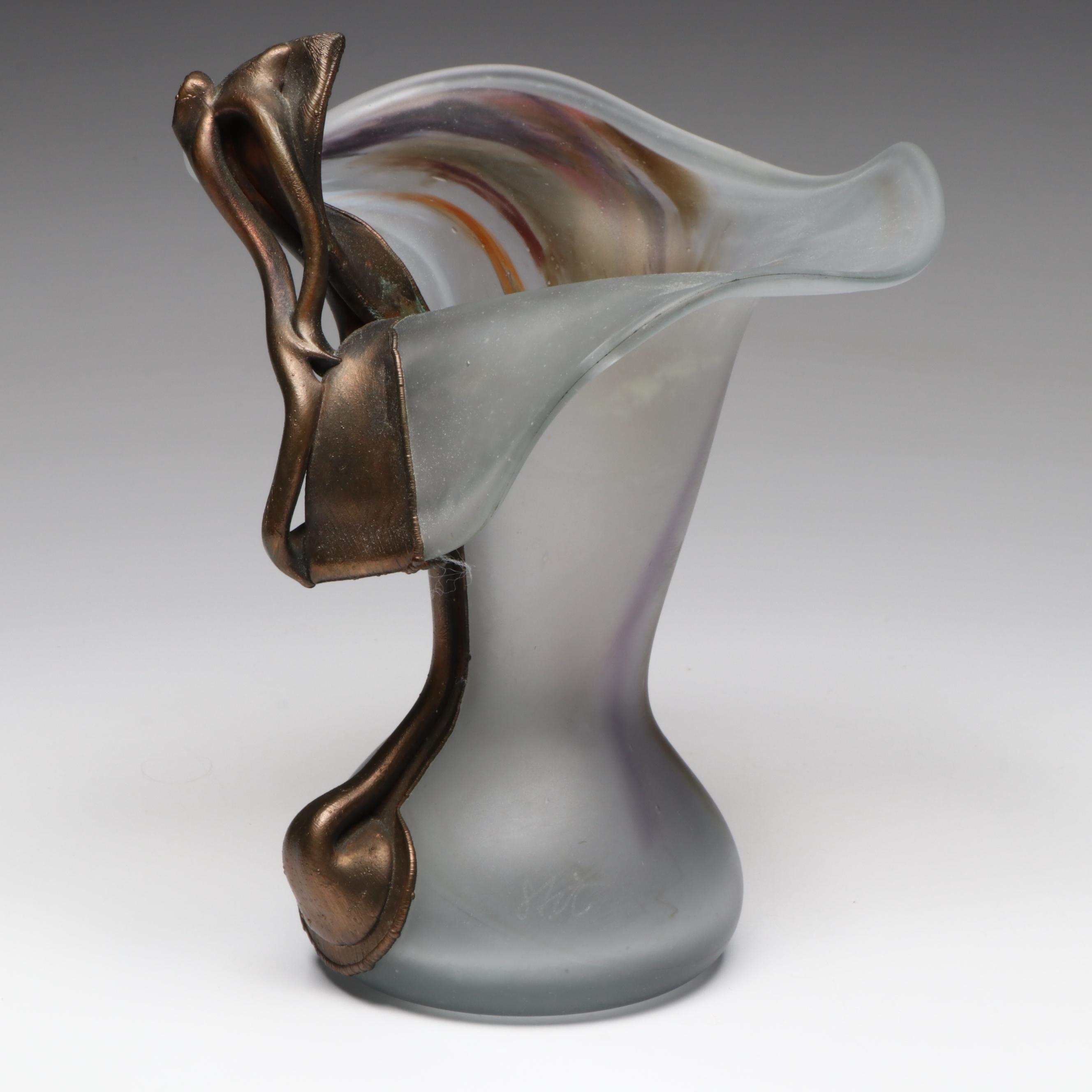 Romanian Flipi Ravert Style Blown Glass & Copper Colored Metal Accent Vase