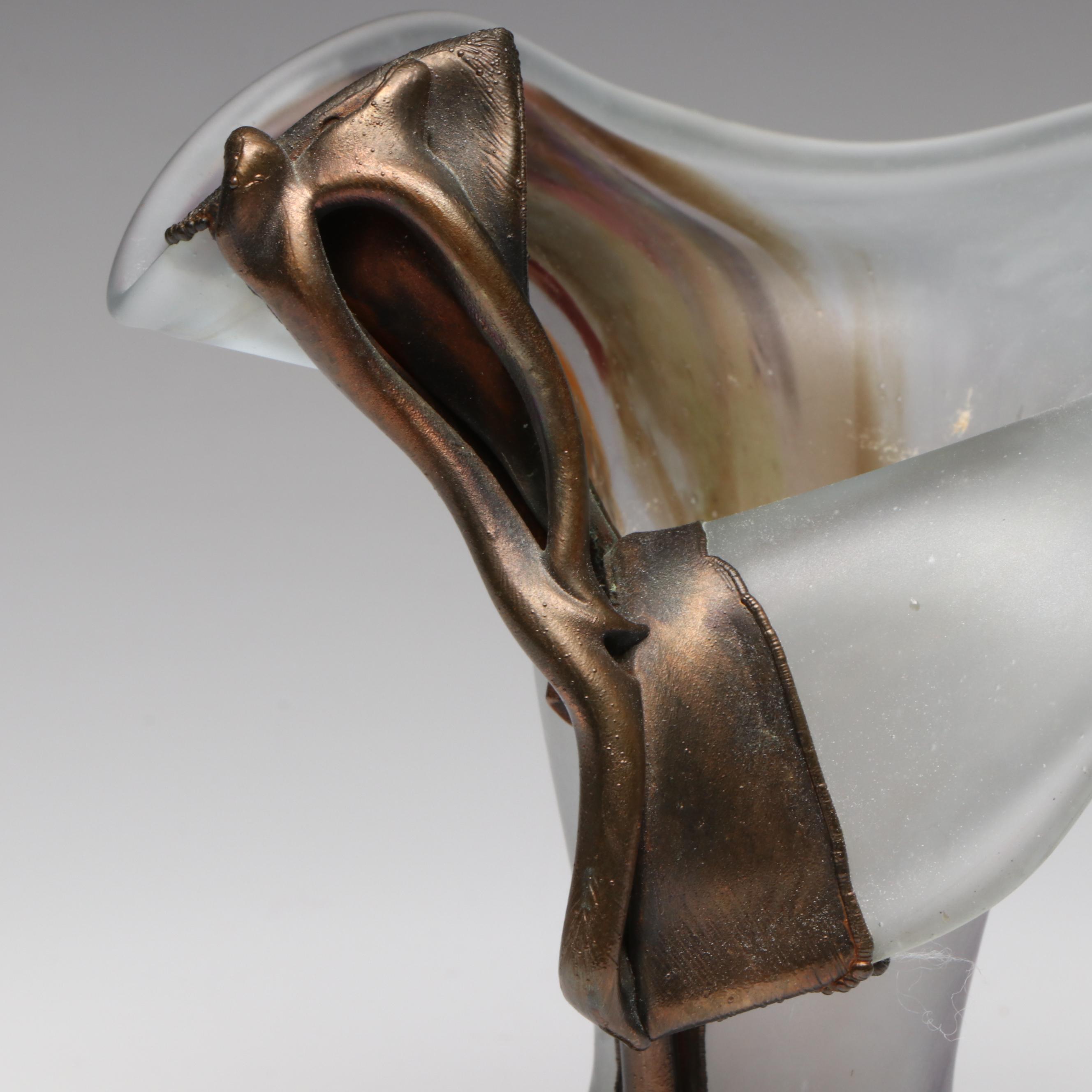 Romanian Flipi Ravert Style Blown Glass & Copper Colored Metal Accent Vase