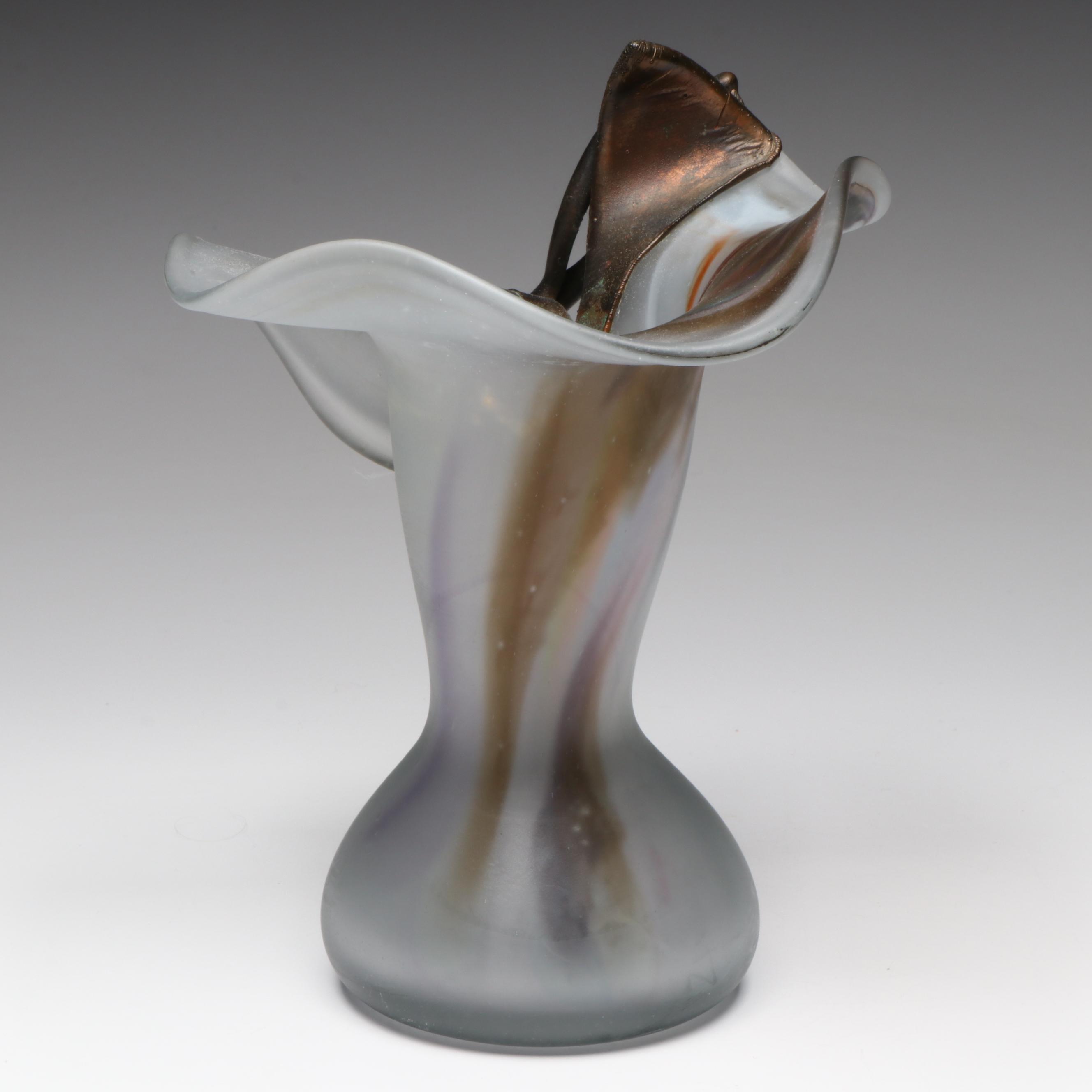 Romanian Flipi Ravert Style Blown Glass & Copper Colored Metal Accent Vase