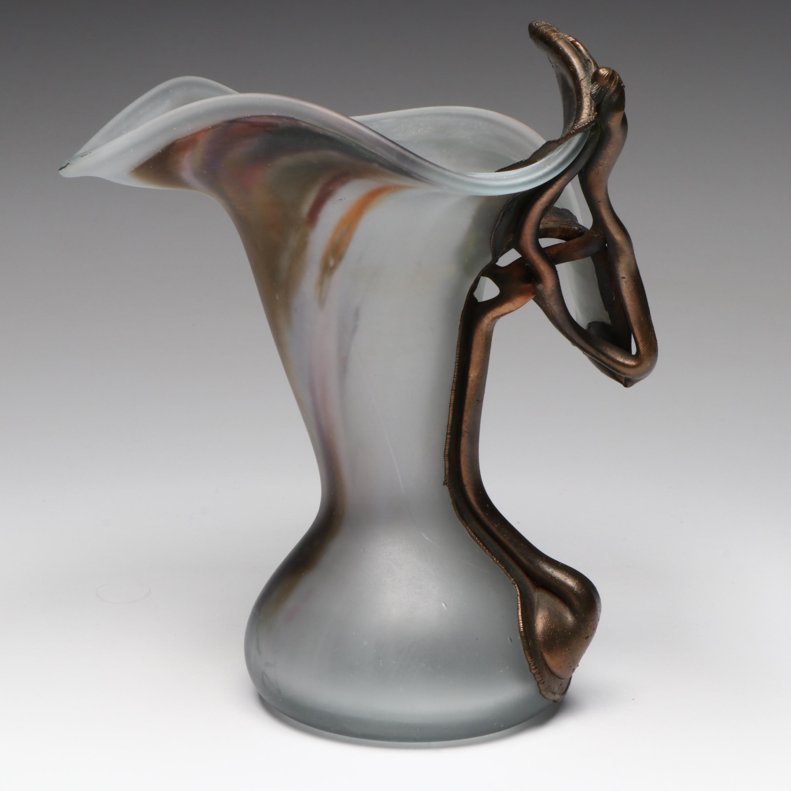 Romanian Flipi Ravert Style Blown Glass & Copper Colored Metal Accent Vase