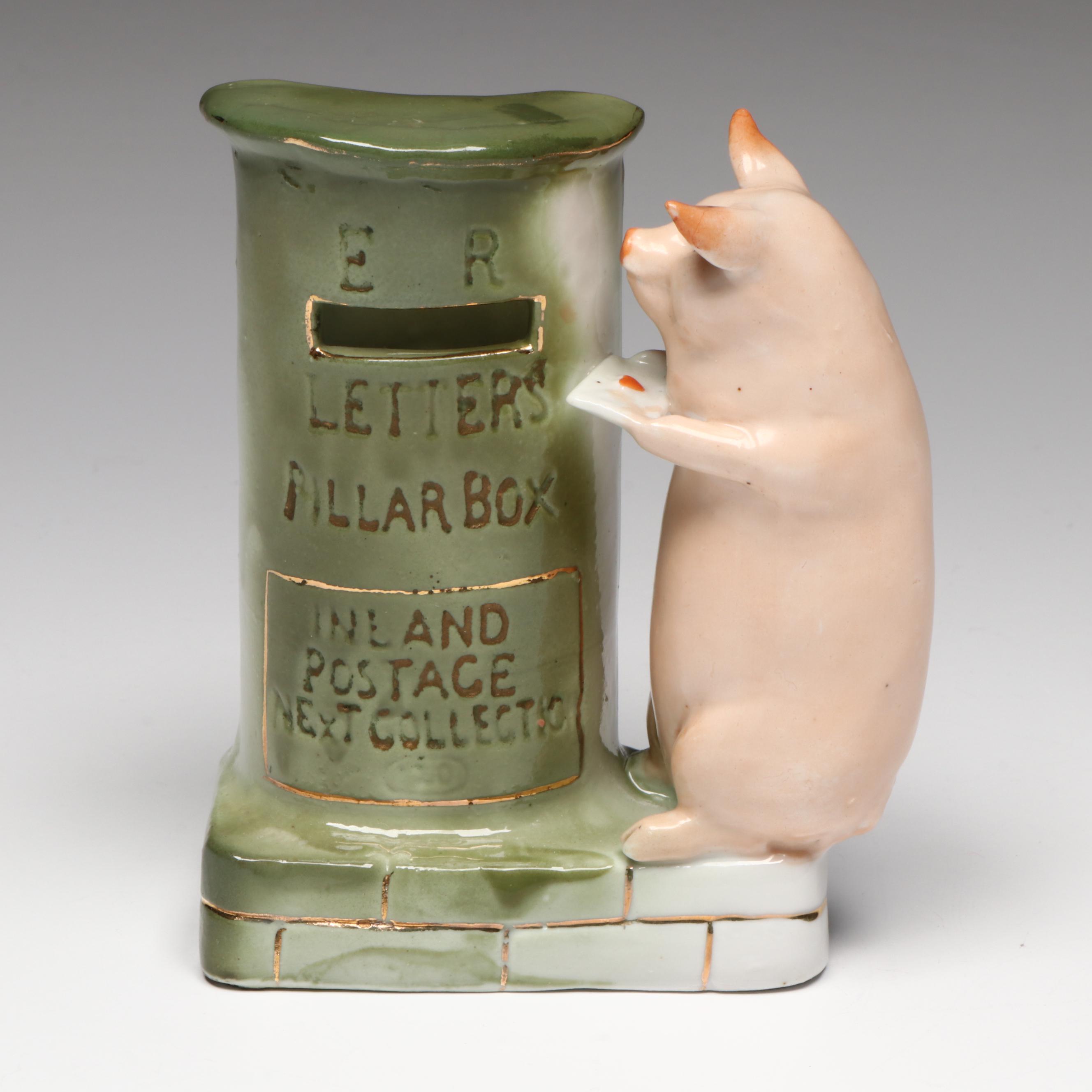 German Porcelain Fairing Pig and Mailbox Spill Vase, Early 20th Century