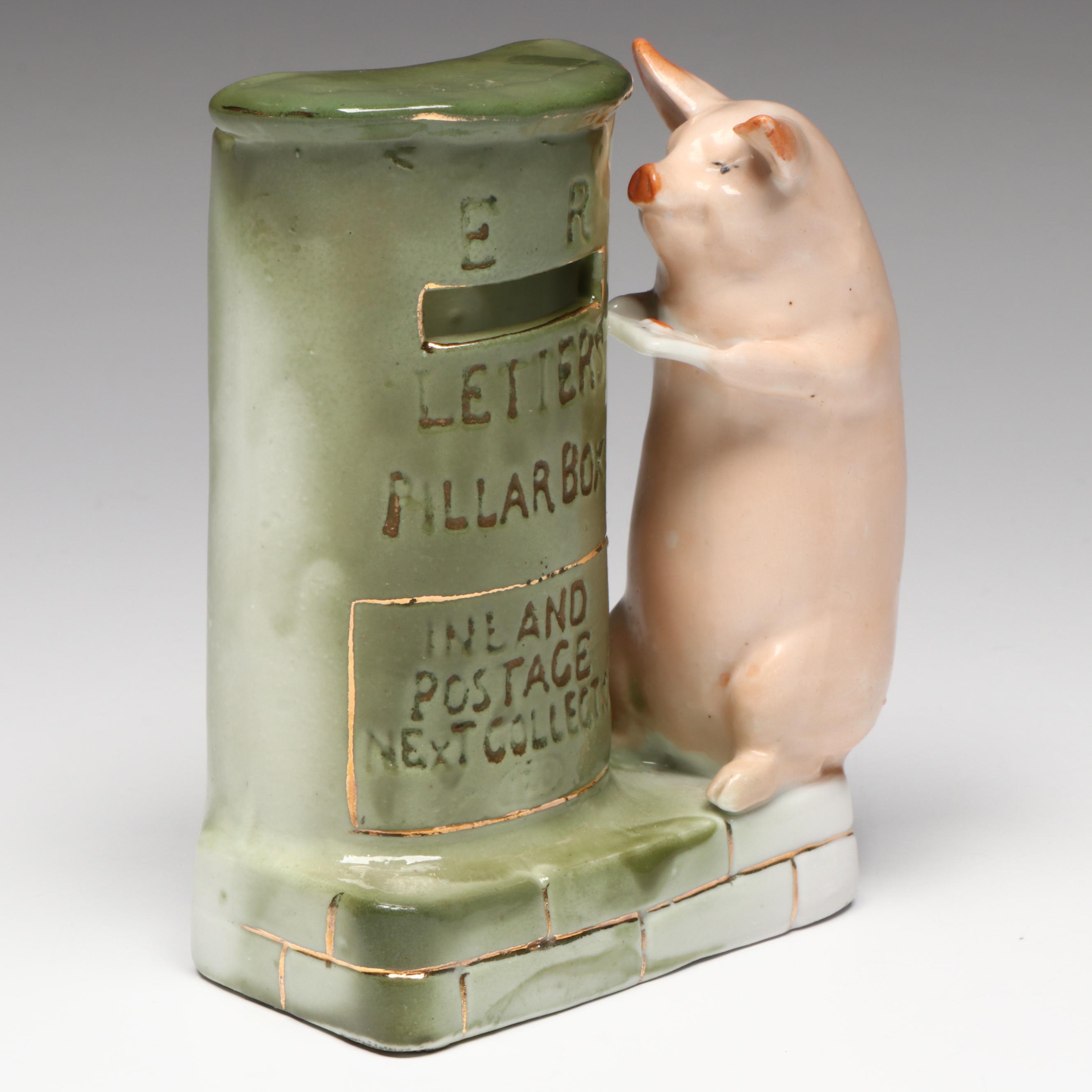 German Porcelain Fairing Pig and Mailbox Spill Vase, Early 20th Century