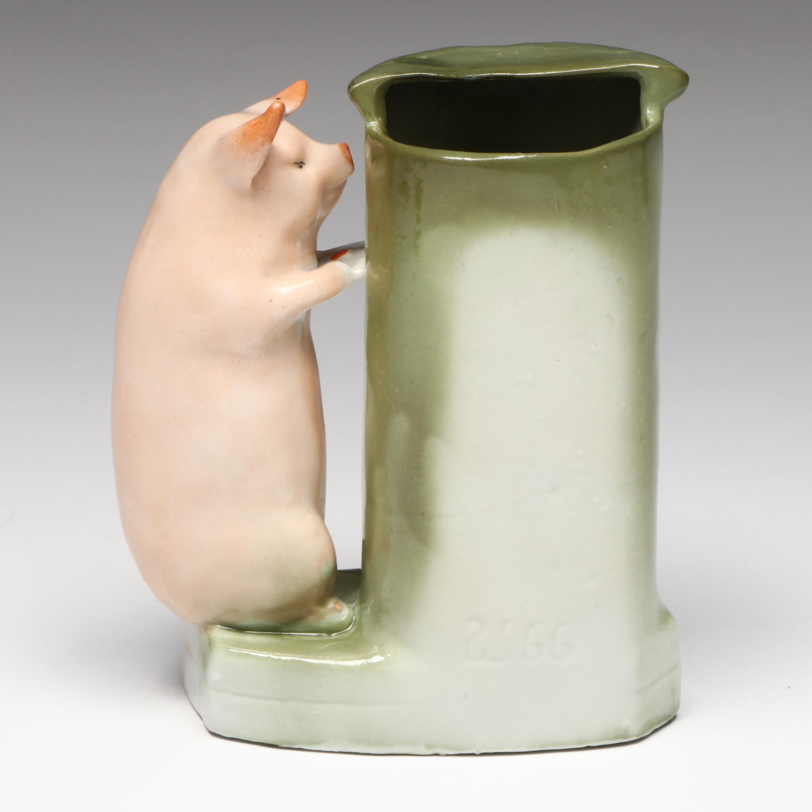 German Porcelain Fairing Pig and Mailbox Spill Vase, Early 20th Century