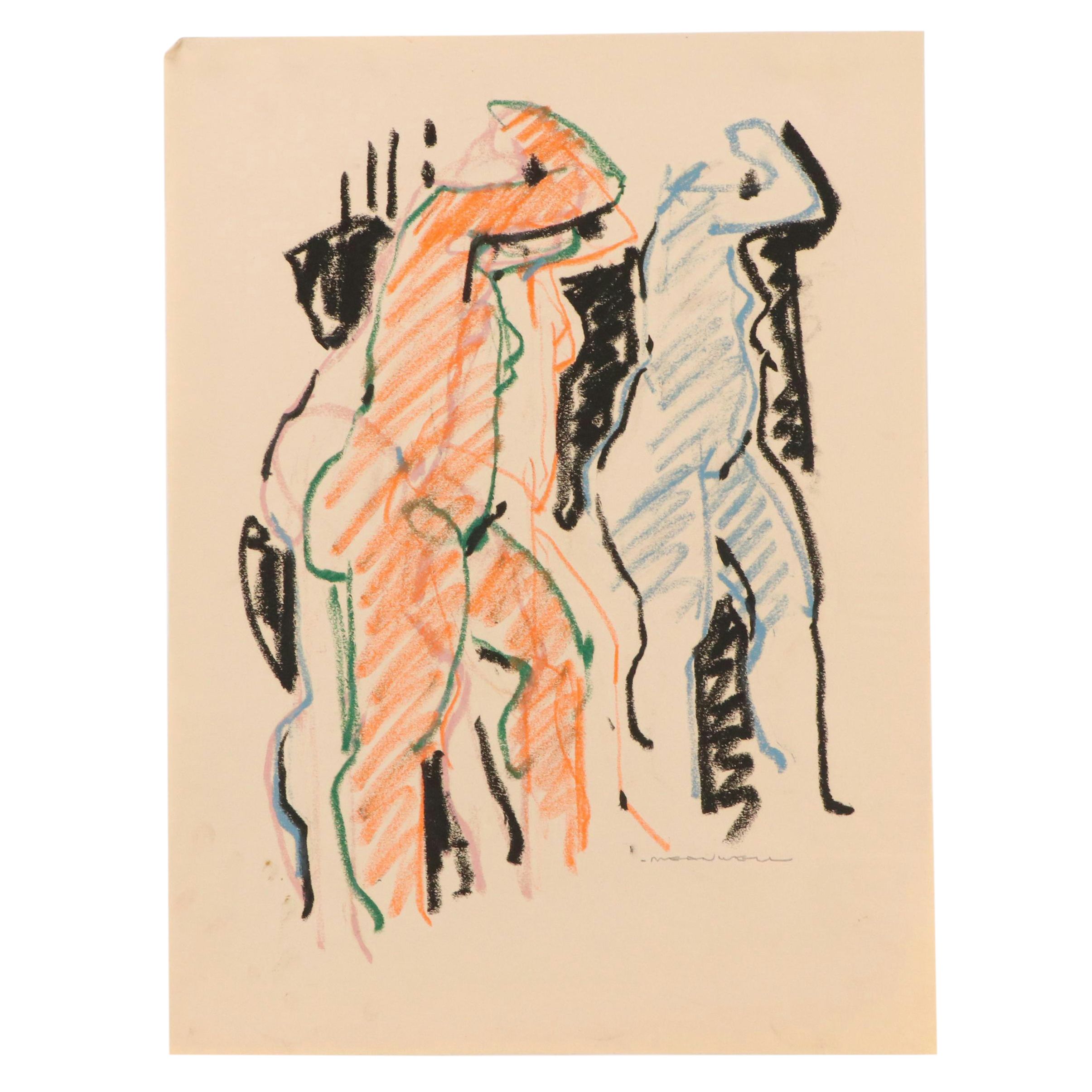 Jack Meanwell Multicolor Nude Figure Pastel Drawing, 20th Century