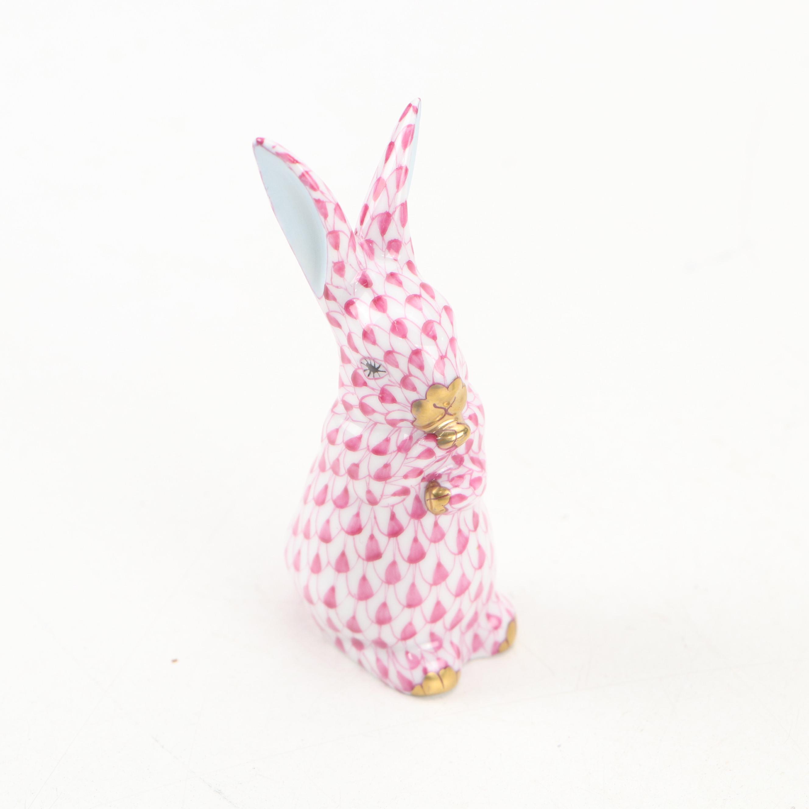 Herend Raspberry Fishnet with Gold "Standing Bunny" Porcelain Figurine and More