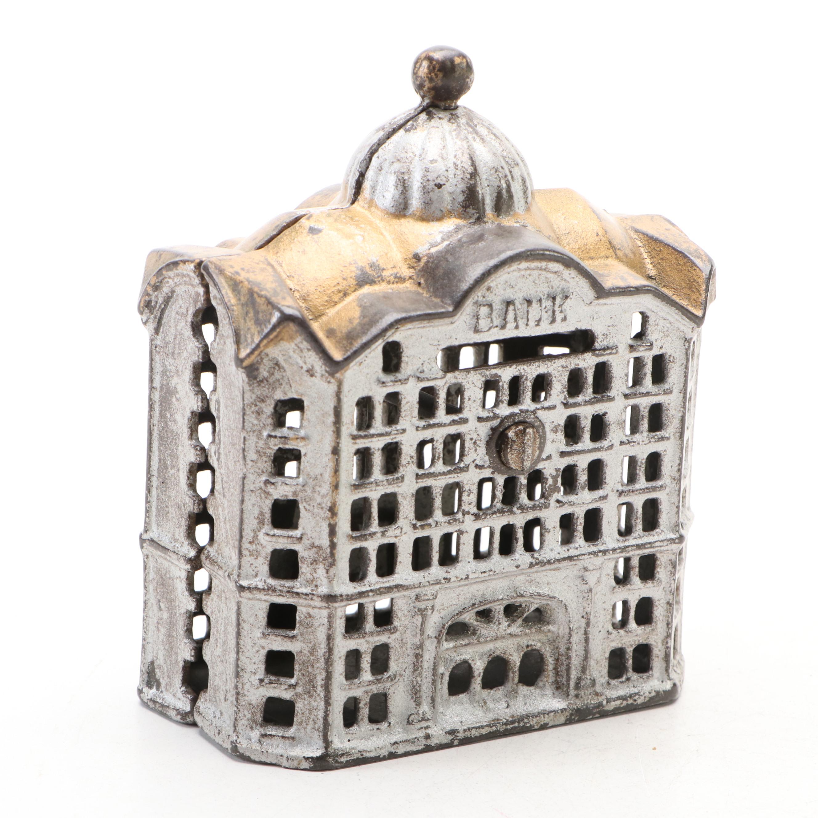 Painted Cast Iron Bank Building Shaped Still Bank, Late 19th/Early 20th Century