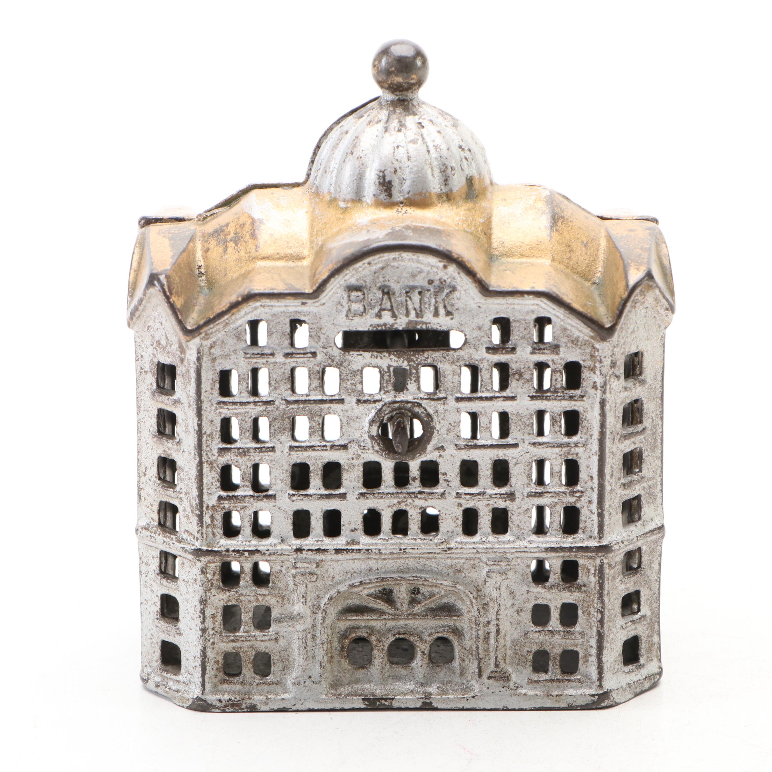 Painted Cast Iron Bank Building Shaped Still Bank, Late 19th/Early 20th Century