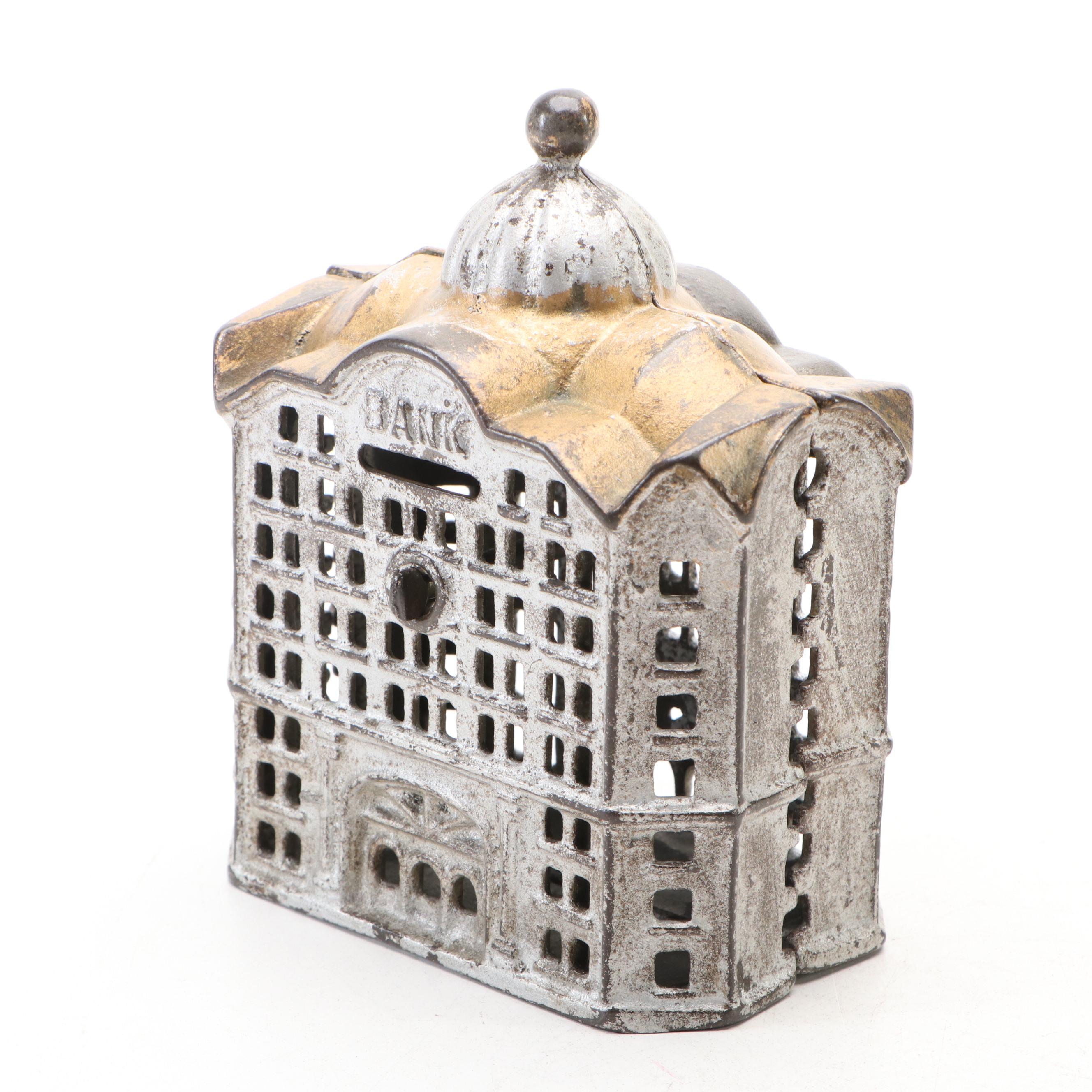 Painted Cast Iron Bank Building Shaped Still Bank, Late 19th/Early 20th Century