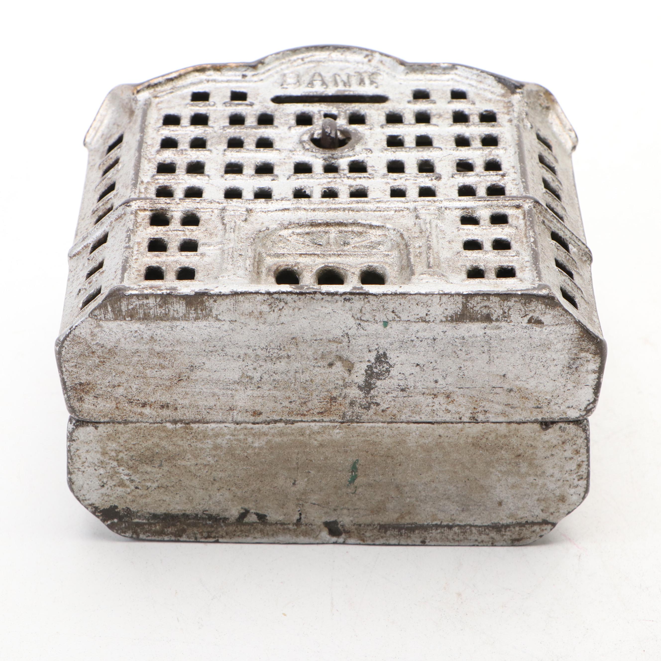 Painted Cast Iron Bank Building Shaped Still Bank, Late 19th/Early 20th Century