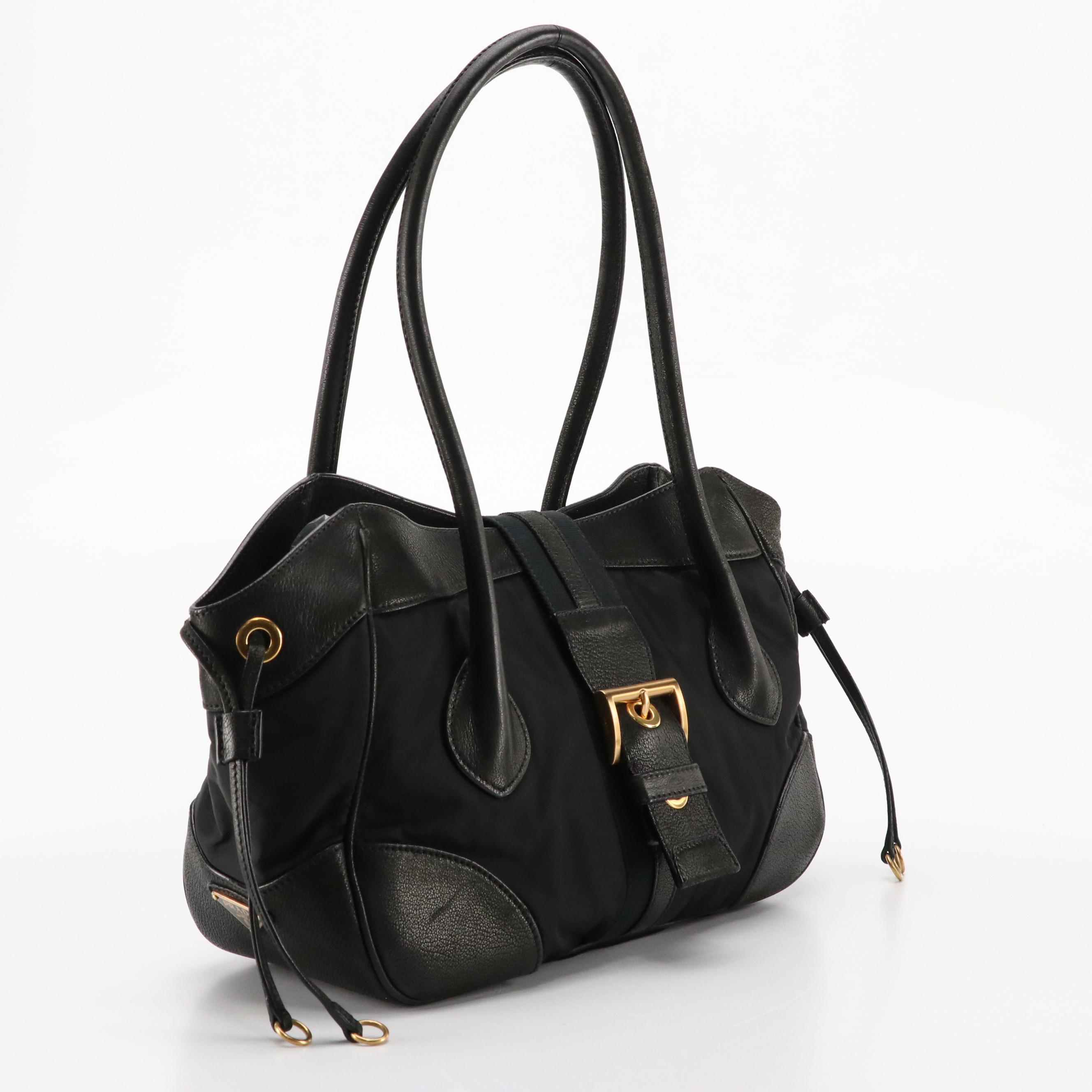 Prada Black Tessuto and Leather Buckle Strap Shoulder Tote Bag