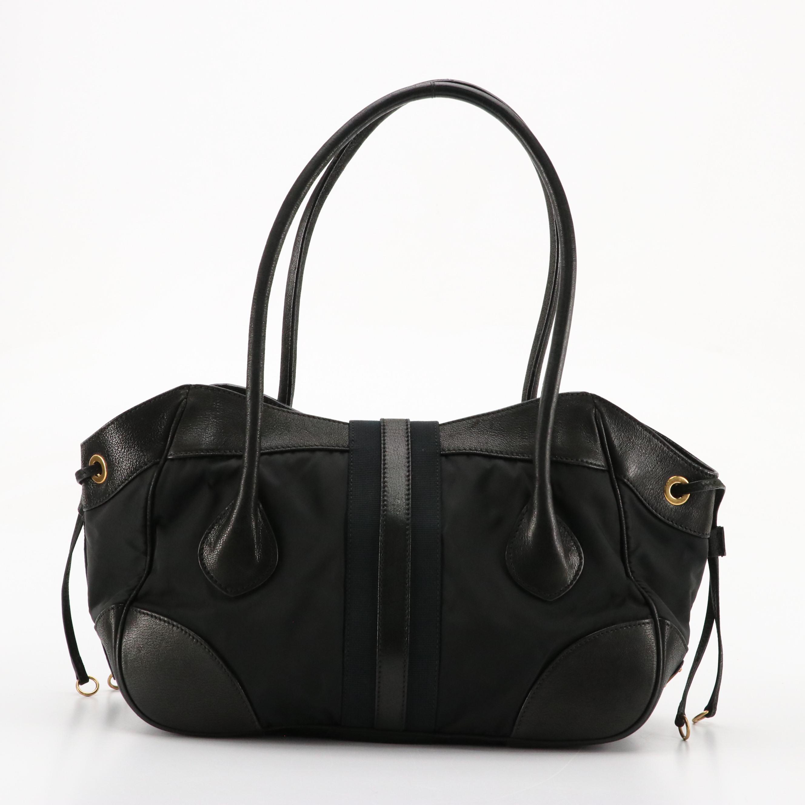 Prada Black Tessuto and Leather Buckle Strap Shoulder Tote Bag