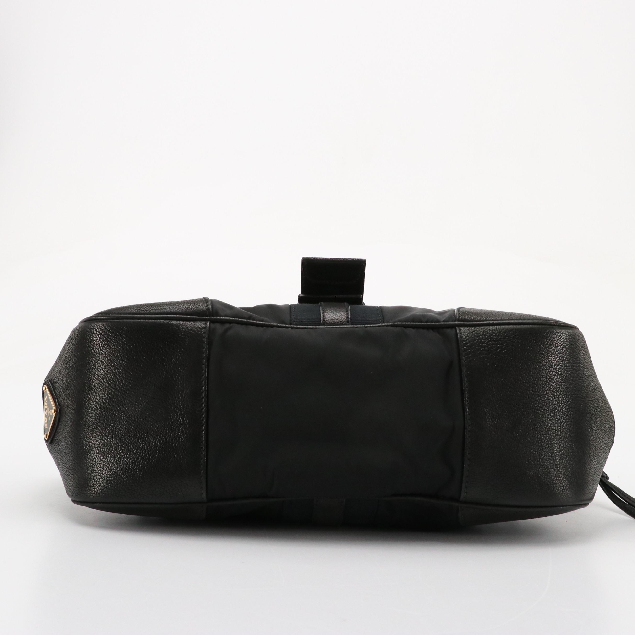 Prada Black Tessuto and Leather Buckle Strap Shoulder Tote Bag