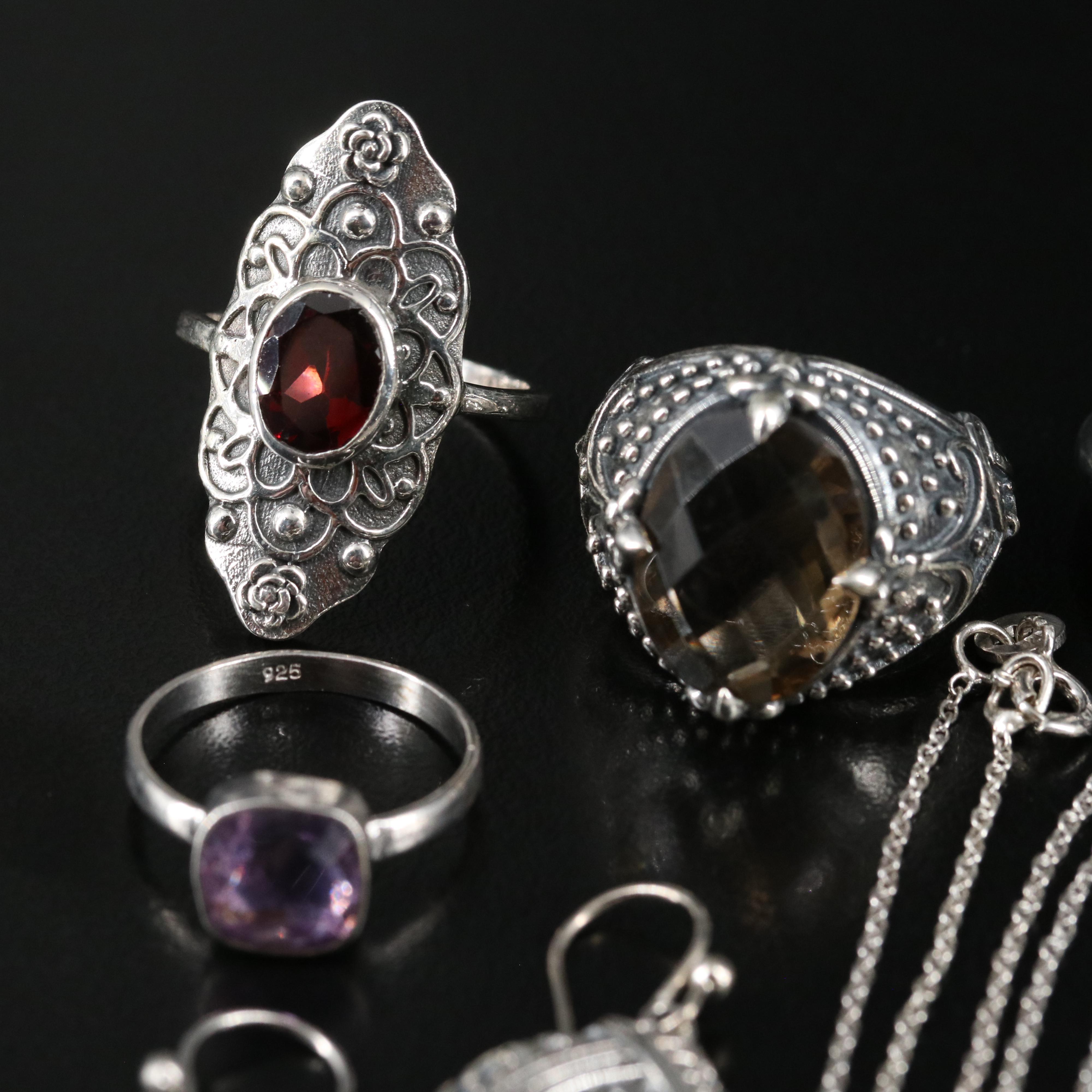 14 Assorted Sterling Silver Rings, Necklaces, and Earrings