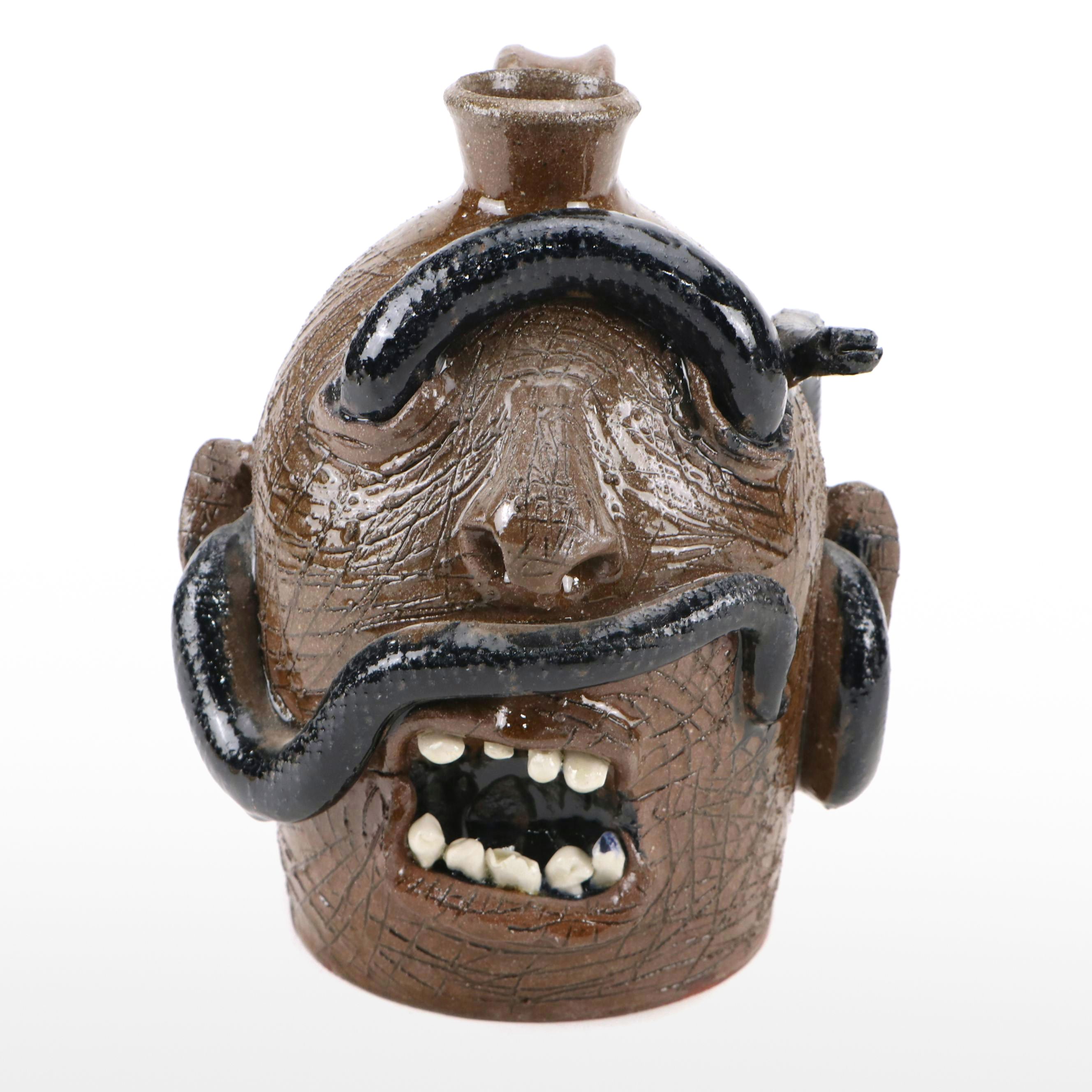 Marvin Bailey Folk Art Terracotta Ugly Jug with Snakes
