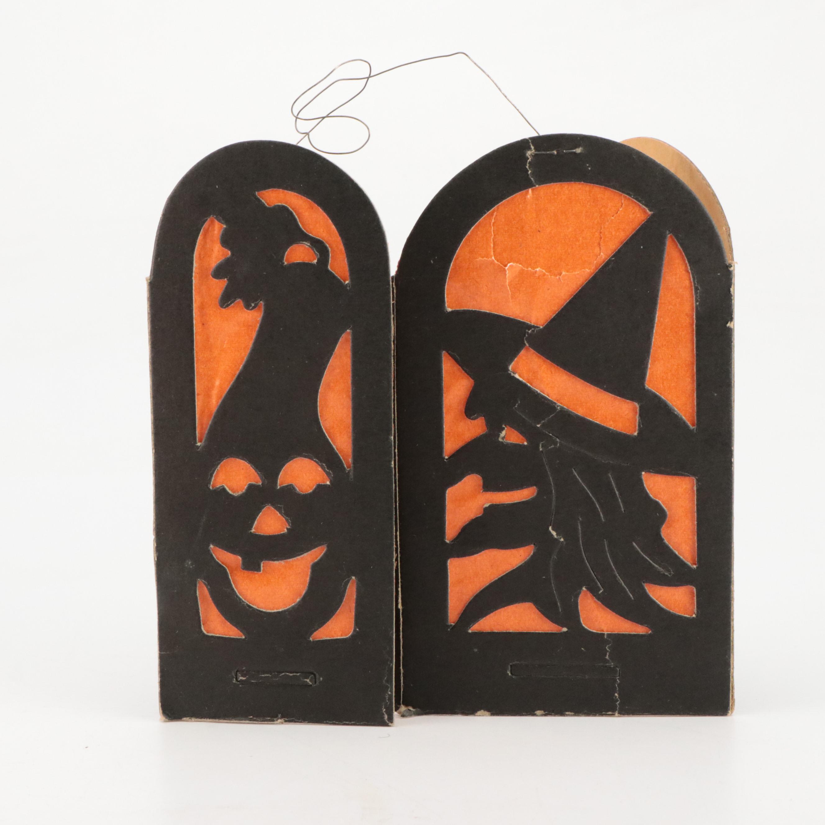 Halloween Papier-Mâché Cat Figurines with Die-Cut Lantern, Mid-20th Century