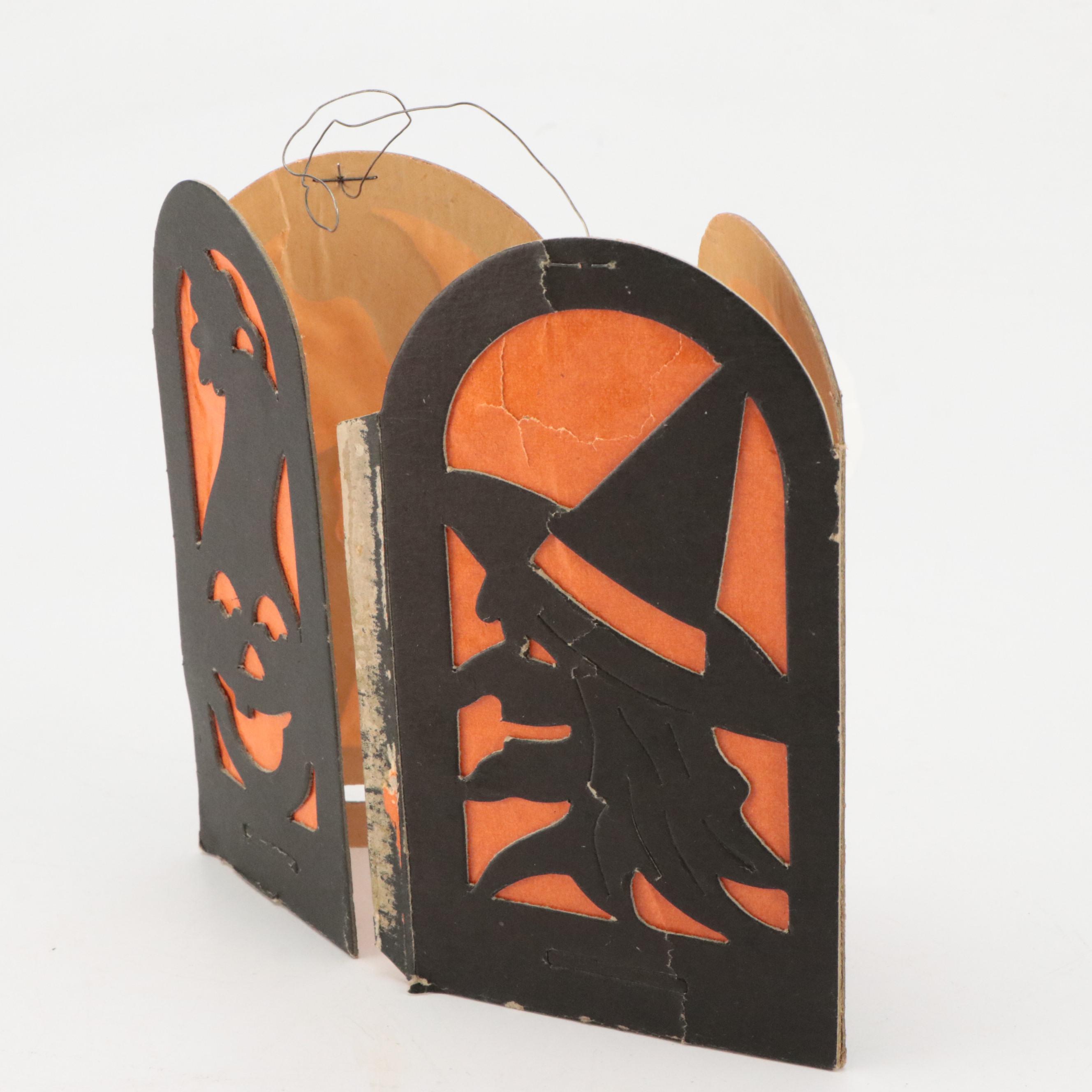 Halloween Papier-Mâché Cat Figurines with Die-Cut Lantern, Mid-20th Century