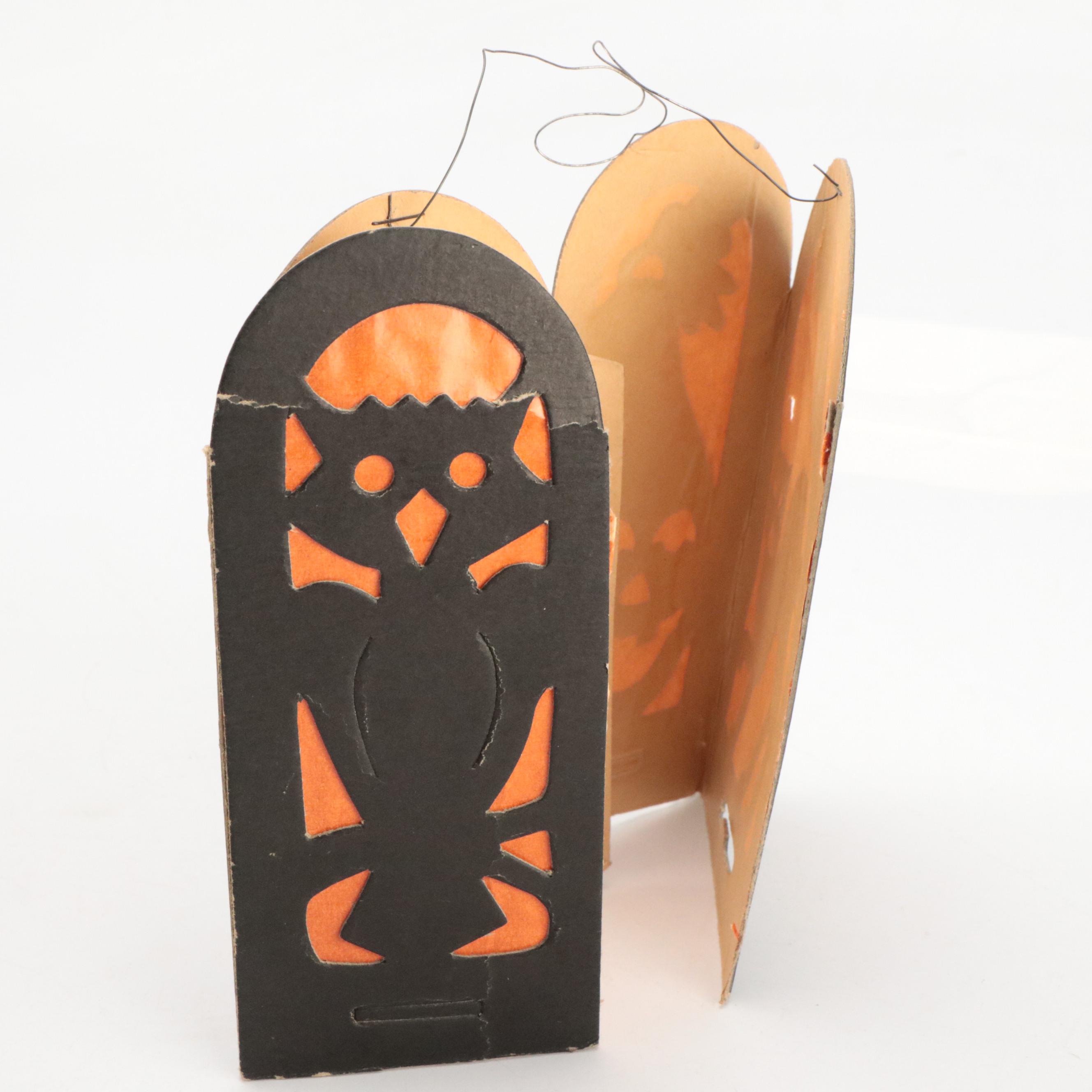 Halloween Papier-Mâché Cat Figurines with Die-Cut Lantern, Mid-20th Century