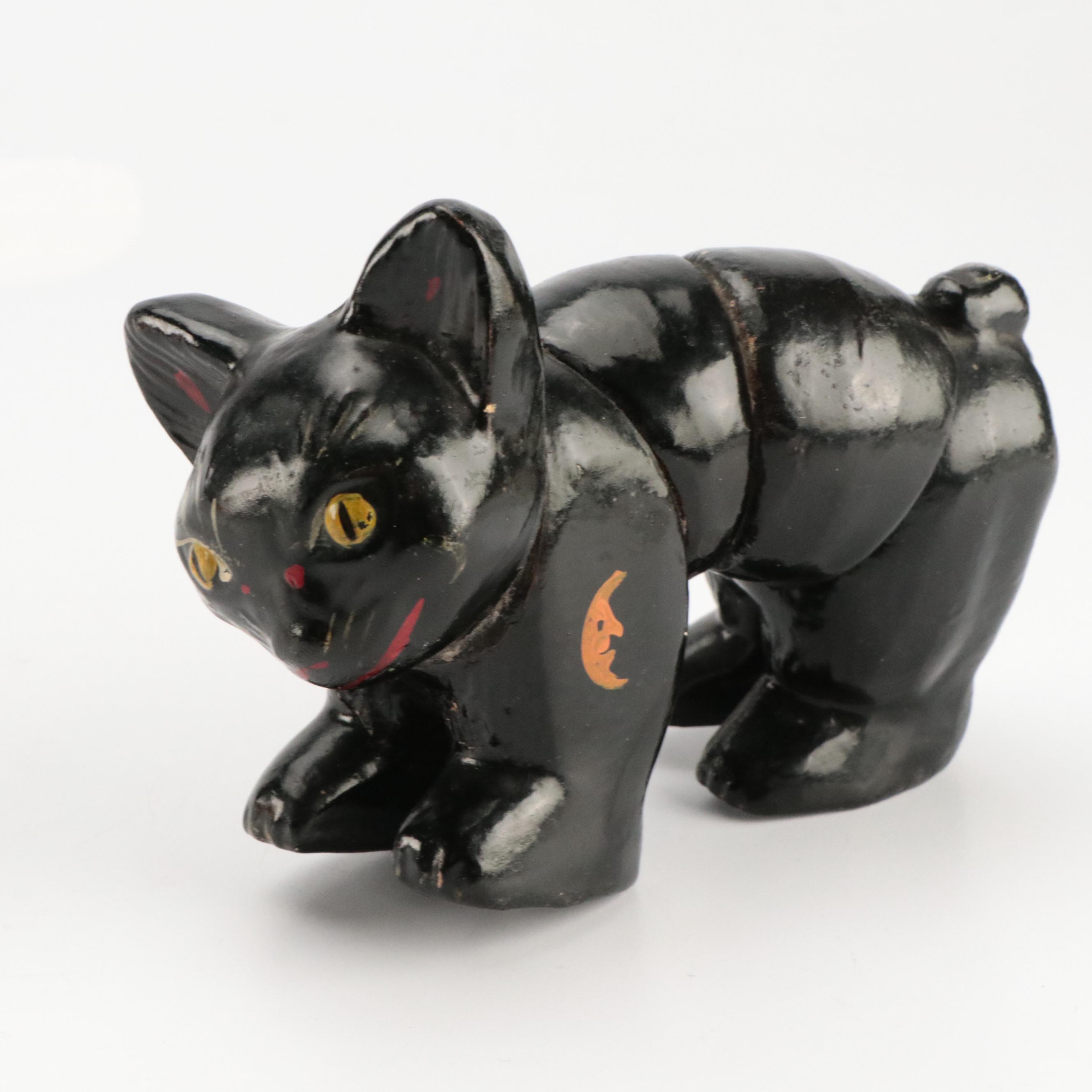Halloween Papier-Mâché Cat Figurines with Die-Cut Lantern, Mid-20th Century
