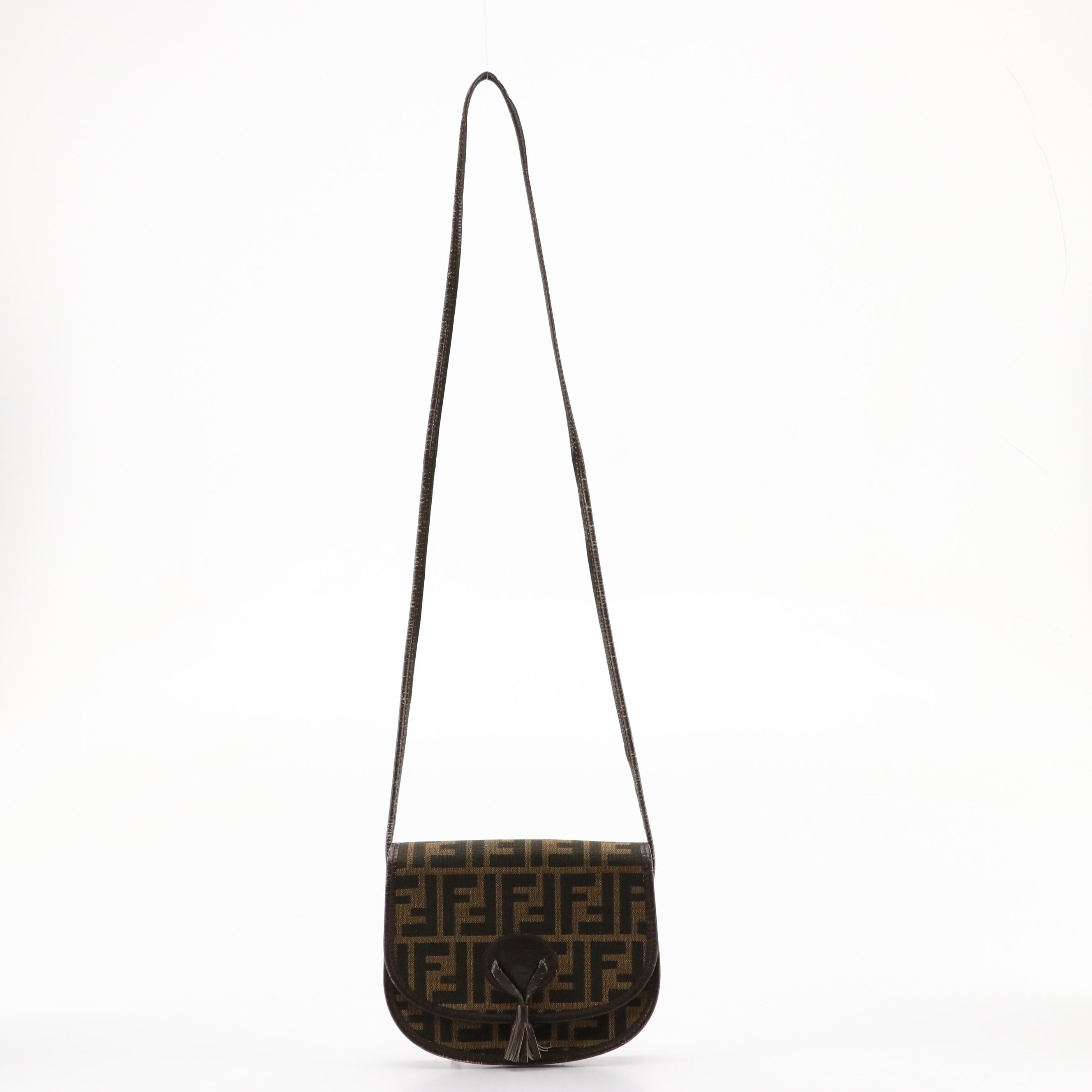 Fendi Zucca Canvas and Leather Tassel Front-Flap Crossbody Bag