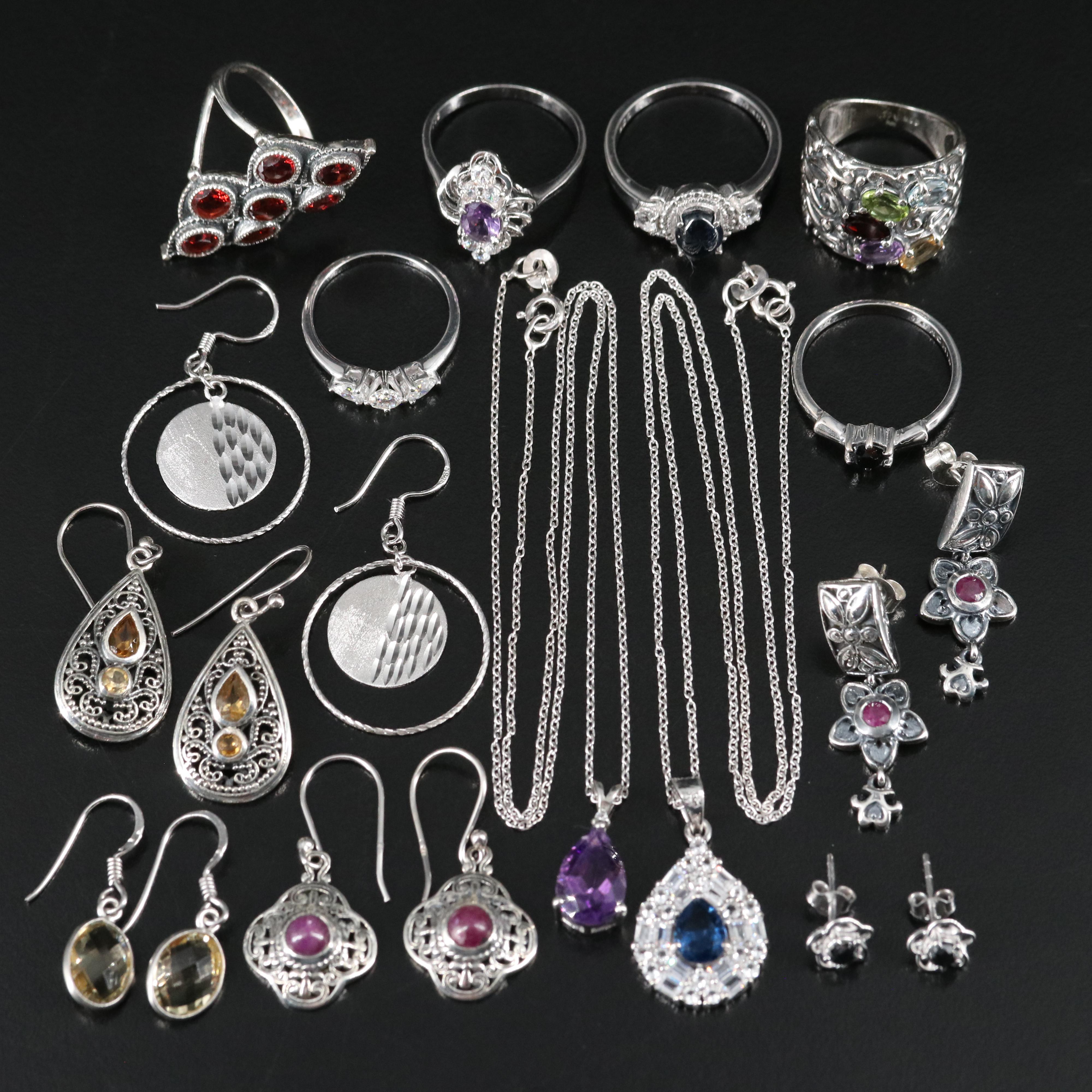 14 Assorted Sterling Silver Rings, Necklaces, and Earrings