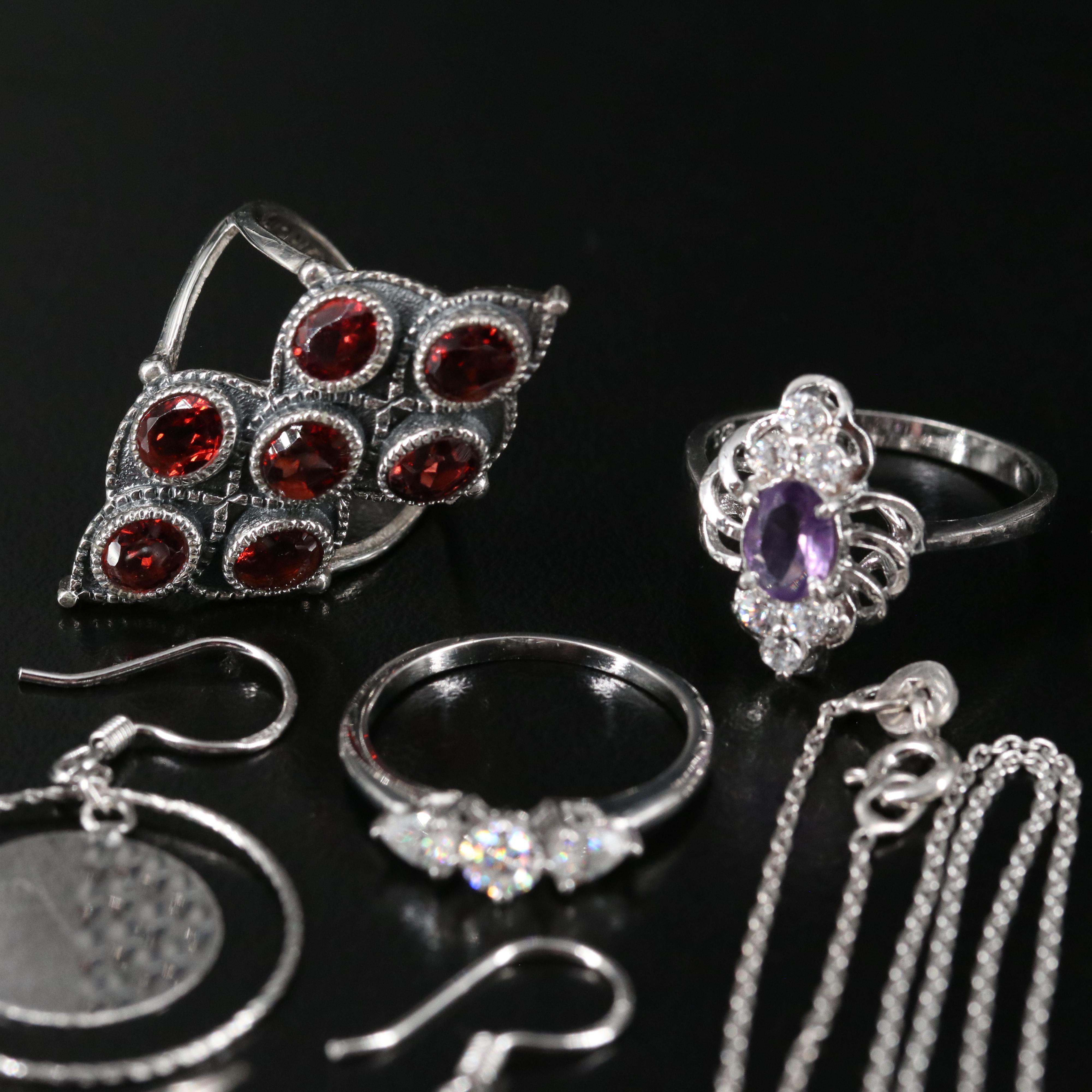 14 Assorted Sterling Silver Rings, Necklaces, and Earrings