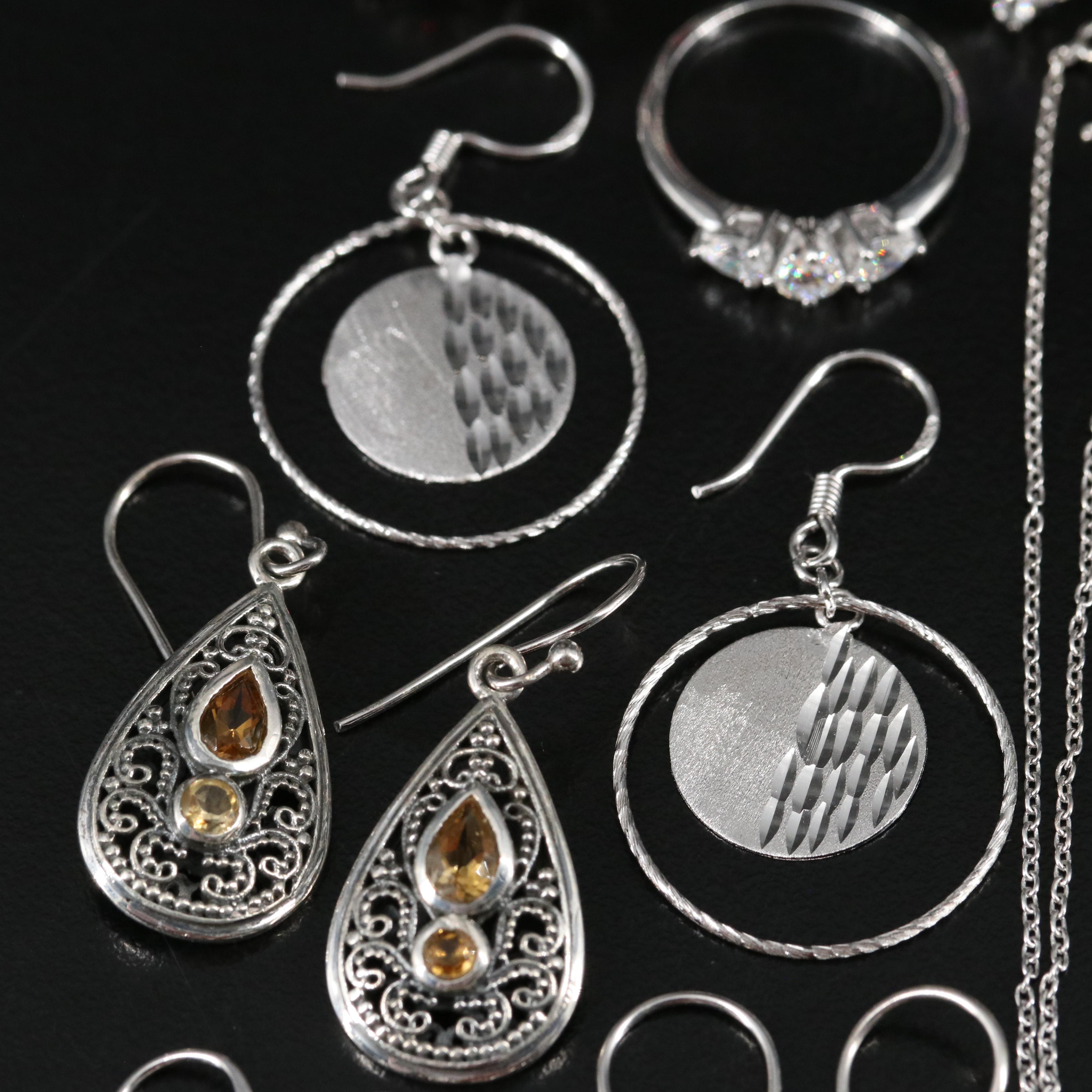 14 Assorted Sterling Silver Rings, Necklaces, and Earrings